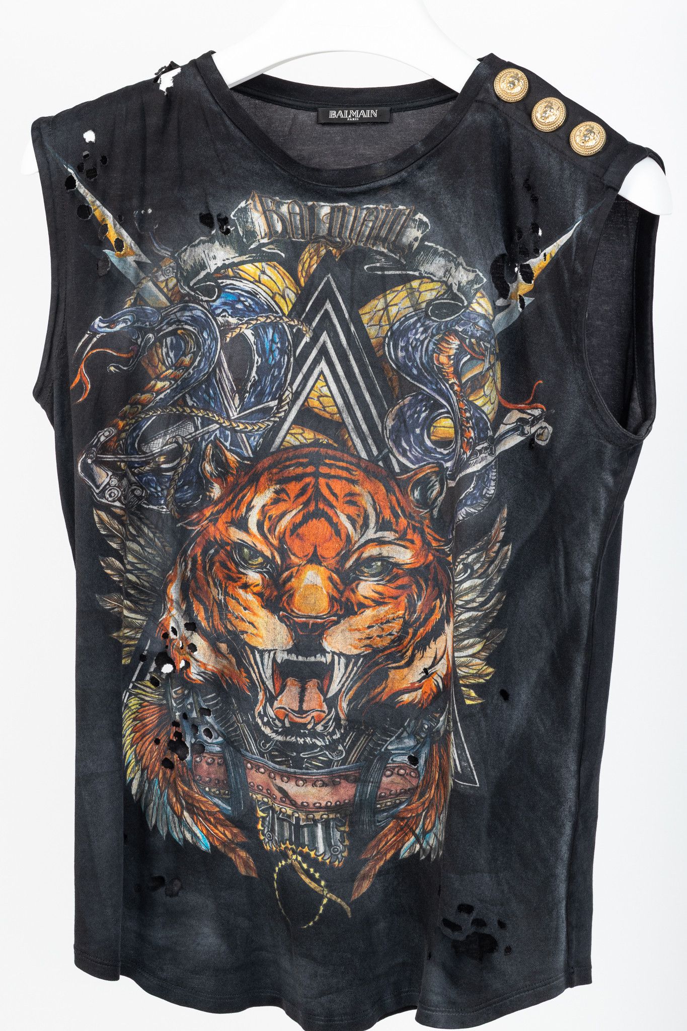 Balmain Balmain Black Cotton Distressed 3-Button Graphic Tank Size M / US 6-8 / IT 42-44 - 3 Thumbnail