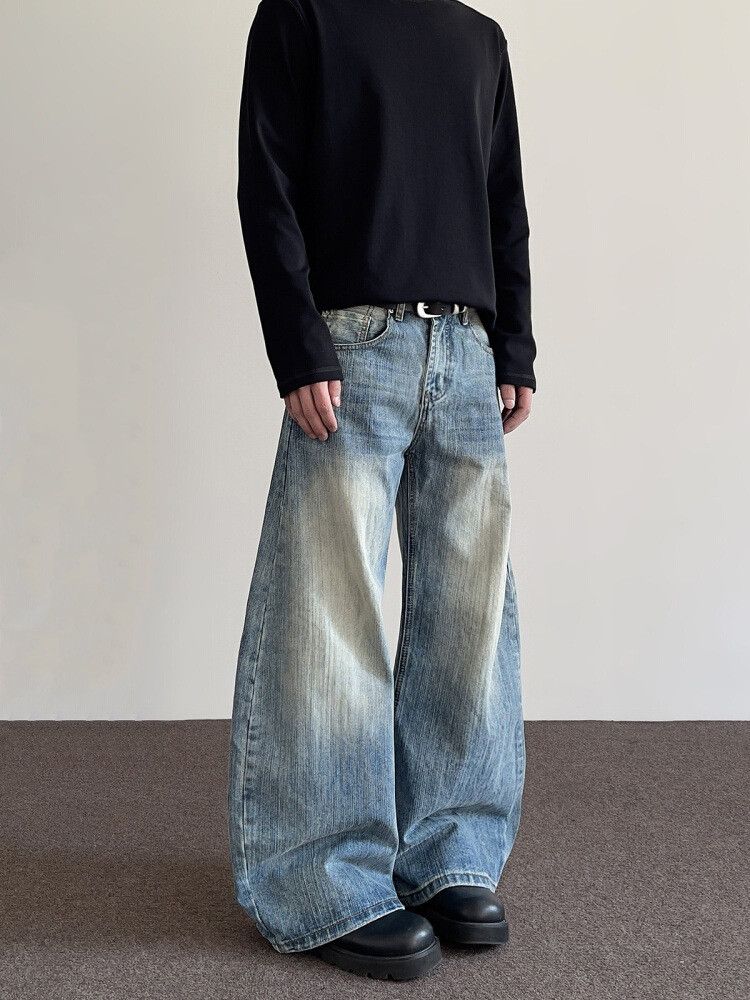 Japanese Brand Men's loose retro straight wide-leg washed scimitar jeans Size US 32 / EU 48 - 2 Thumbnail