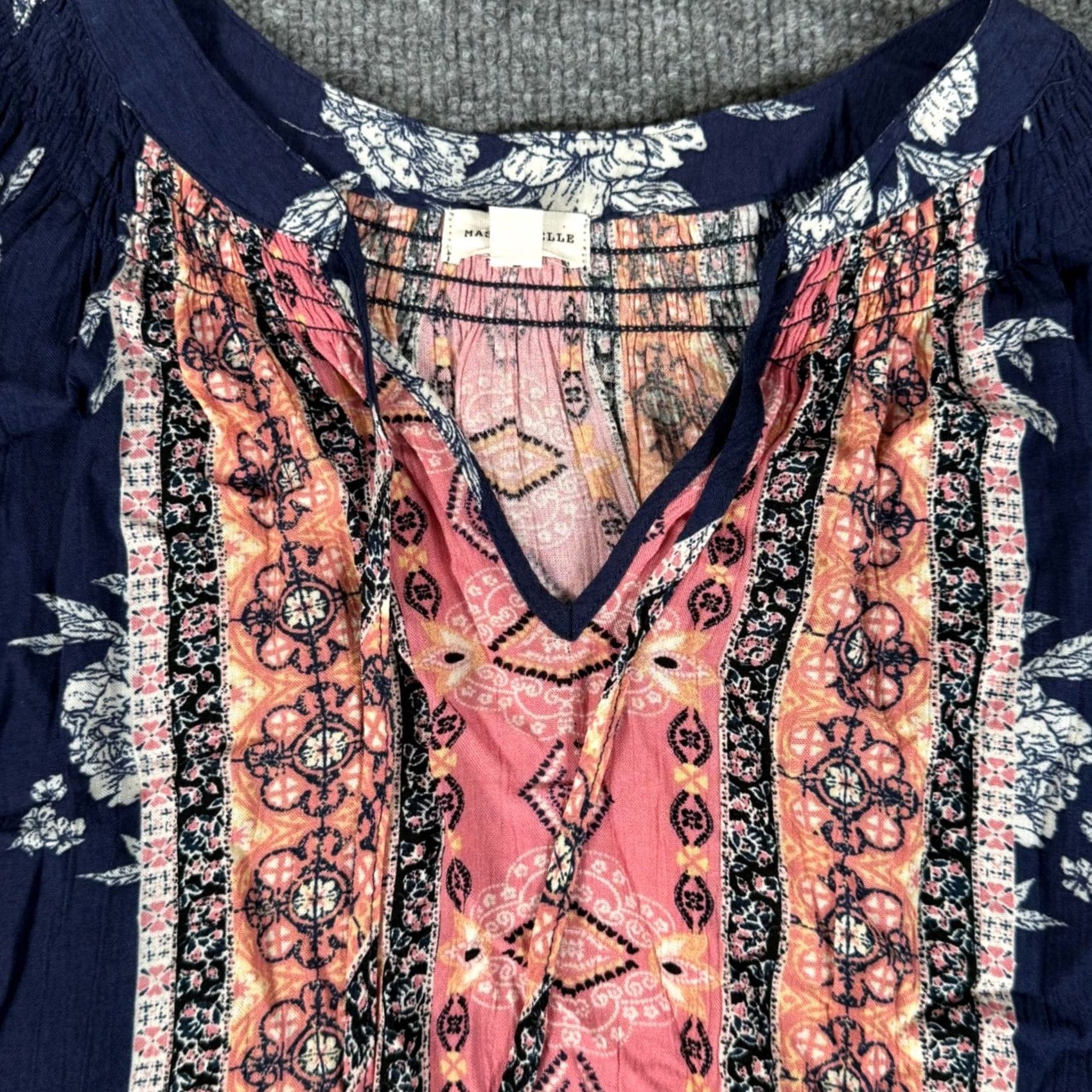 Vintage VINTAGE? No — Mason & Belle Boho Floral Tunic Blouse Blue M Women Long Sleeve V-Neck Lightweight Elastic Waist Casual Festival Hippie 90s? Size M / US 6-8 / IT 42-44 - 3 Thumbnail