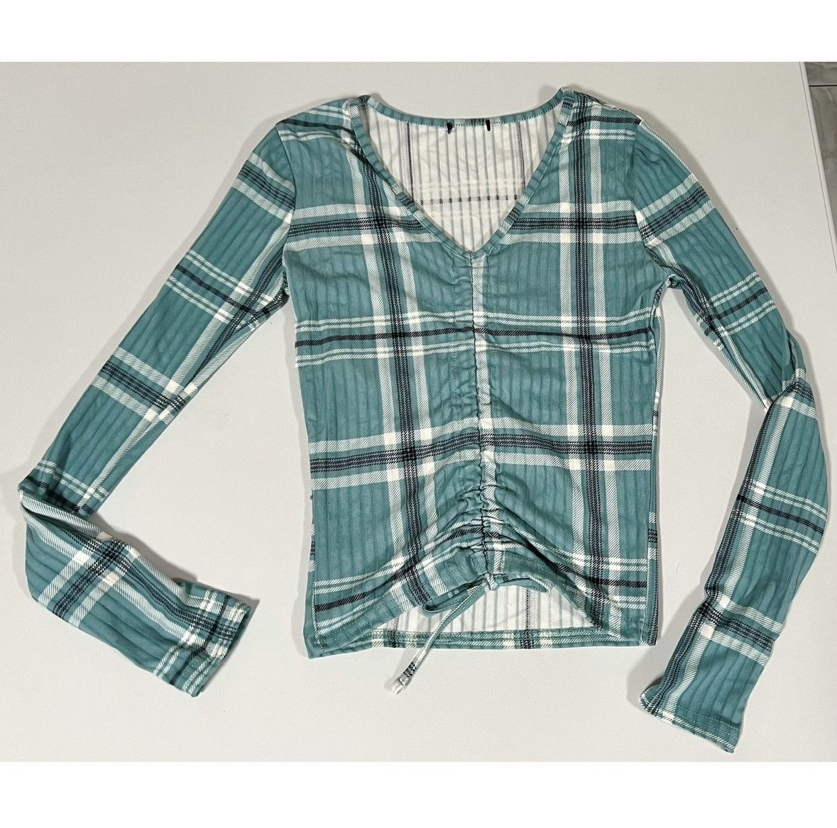 Japanese Brand Blue Plaid V-Neck Long Sleeve Shirt Top Blouse Tee Size S 🩵✨ Size S / US 4 / IT 40 - 3 Thumbnail