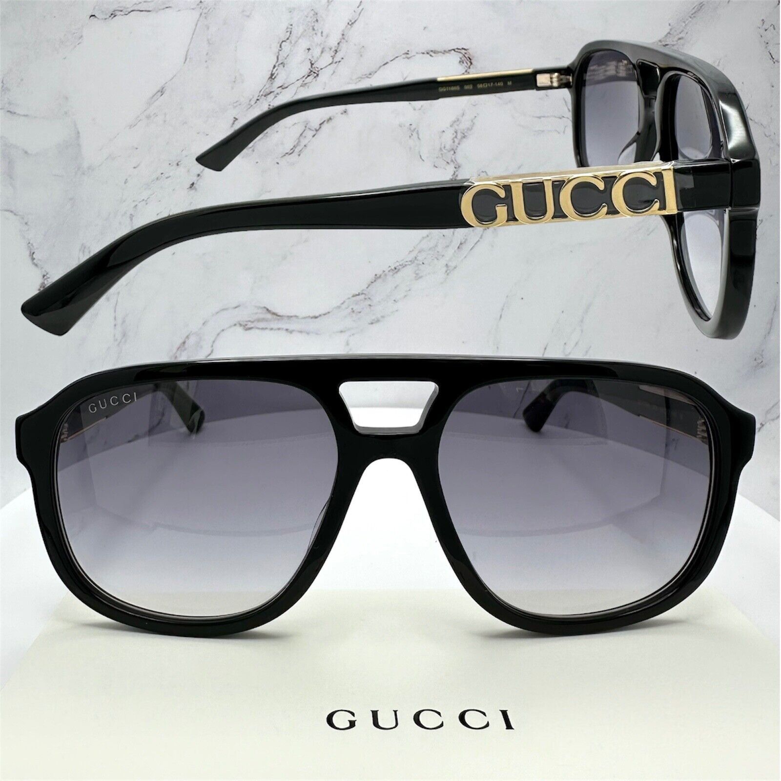 New Gucci Sunglasses Black Pilot Aviator 58mm Navigator Gold