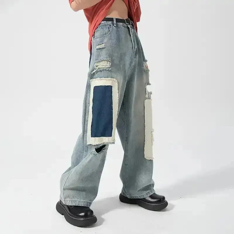 Japanese Brand Distressed Patch Contrast Denim Men's Loose Fitting Straight Size US 32 / EU 48 - 3 Thumbnail
