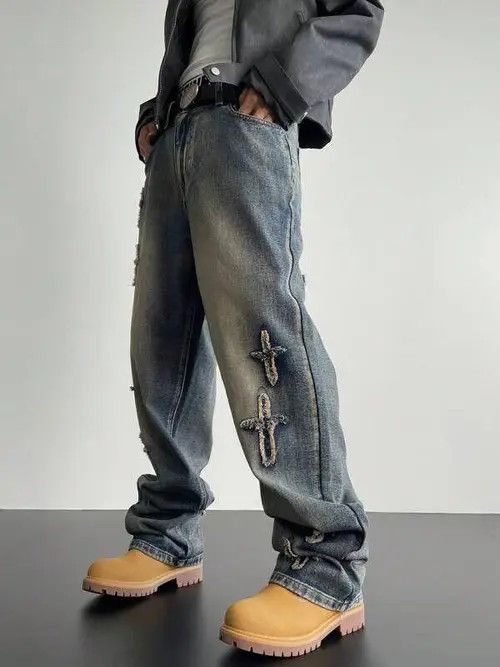VIBE Straight-leg loose jeans with retro patchwork design Size US 34 / EU 50 - 7 Thumbnail