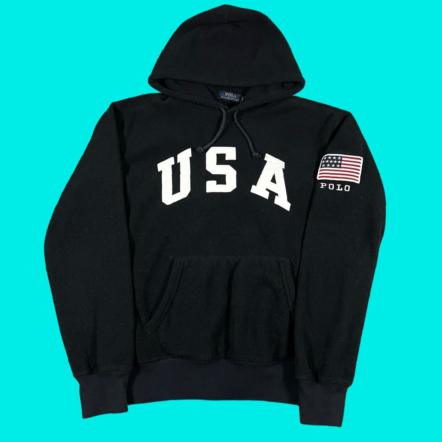 Polo Ralph Lauren VINTAGE Polo Ralph Lauren Hoodie Mens S Black Fleece USA Flag Stadium Pullover Size US S / EU 44-46 / 1 - 1 Thumbnail