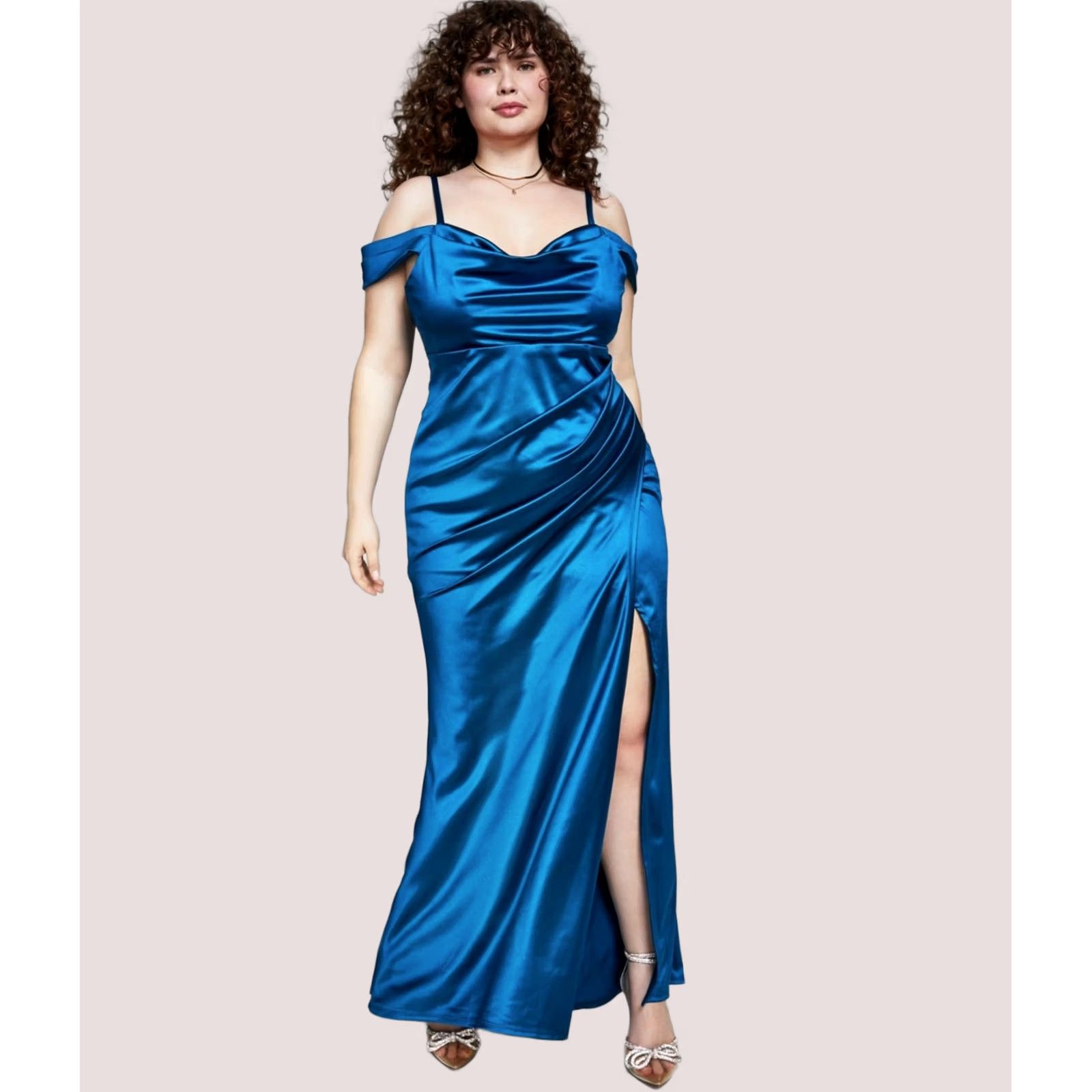 Vintage B. DARLIN Womens Gown Dress lagoon Plus Size 16W Satin Slit Size XXL / US 16-18 / IT 52-54 - 1 Thumbnail