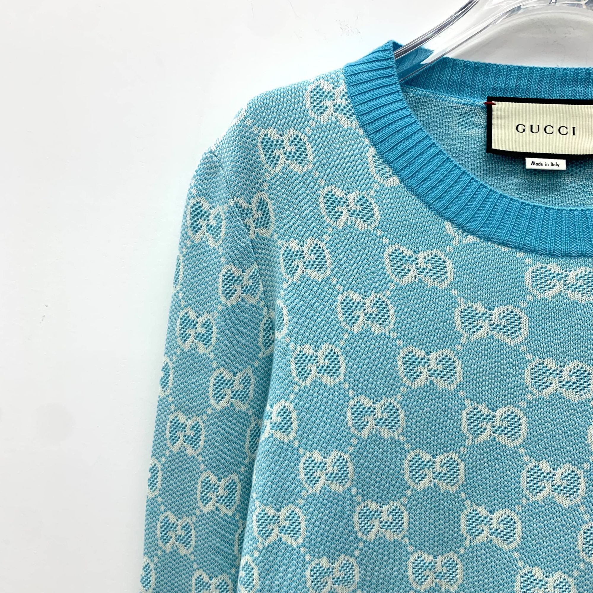 Gucci Gucci Light Blue Logo Jacquard Wool Round-Neck Long-Sleeved Size L / US 10 / IT 46 - 5 Thumbnail