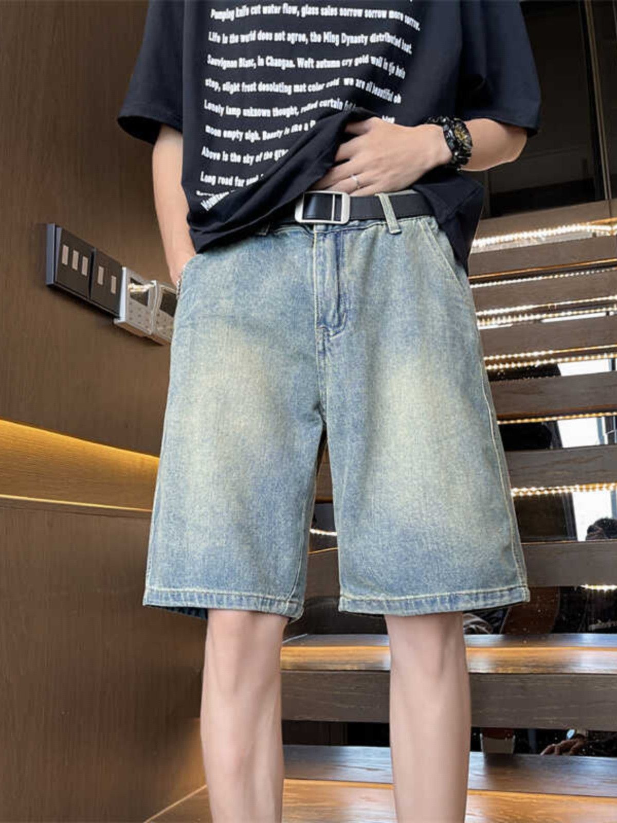 Retro straight leg loose denim shorts