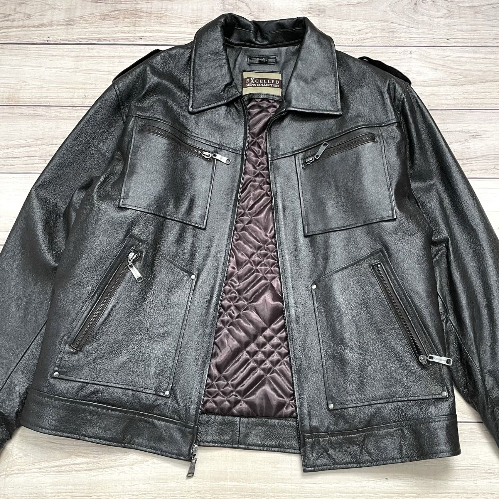 Vintage VTG Excelled Men’s Leather Jacket Full Zip Lined Biker Bomber Coat 90s Black L Men’s Jacket Size US L / EU 52-54 / 3 - 3 Thumbnail