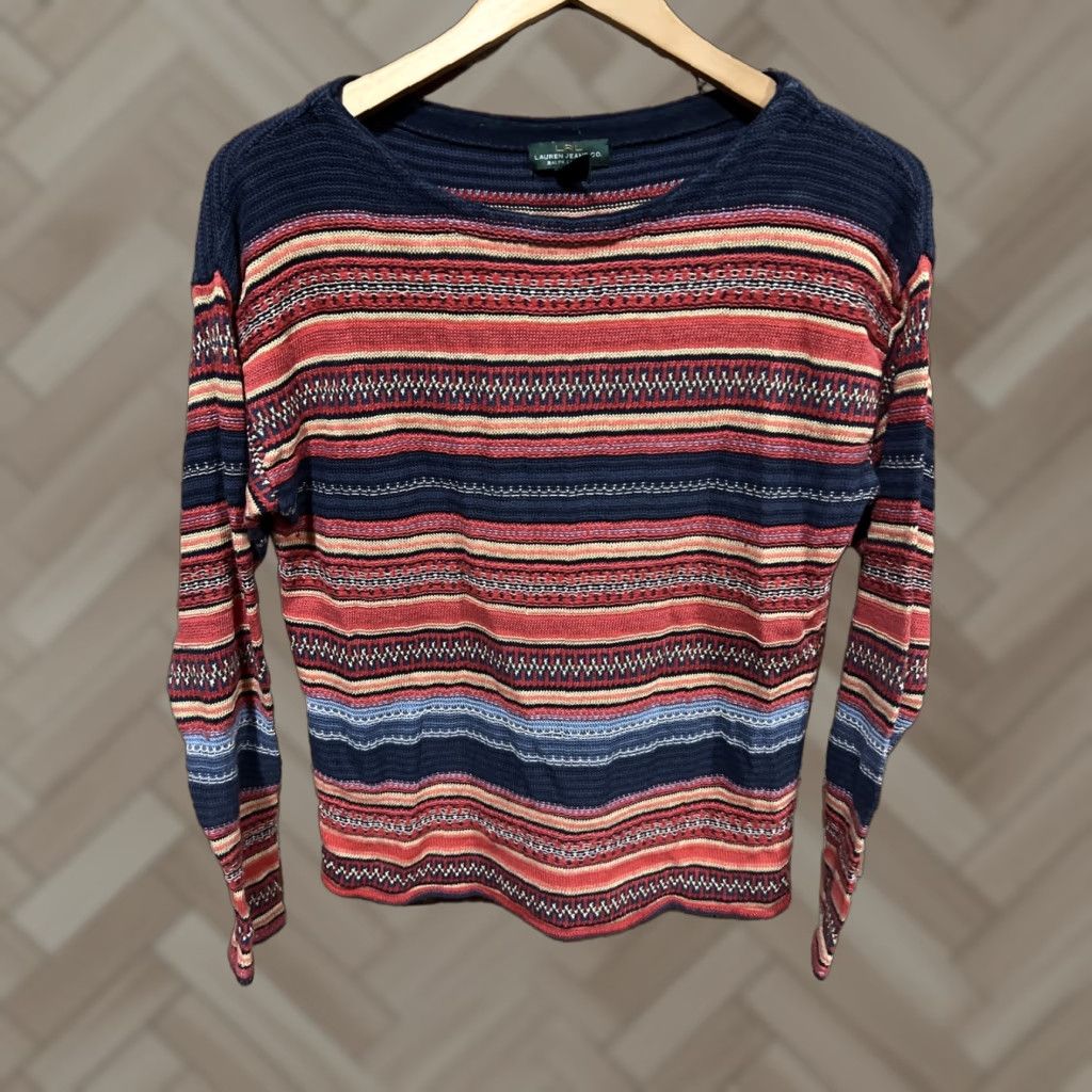 Ralph Lauren Lauren Ralph Lauren Blouse Shirt Knit Linen Blend Blue Striped Large Womens Size L / US 10 / IT 46 - 1 Thumbnail