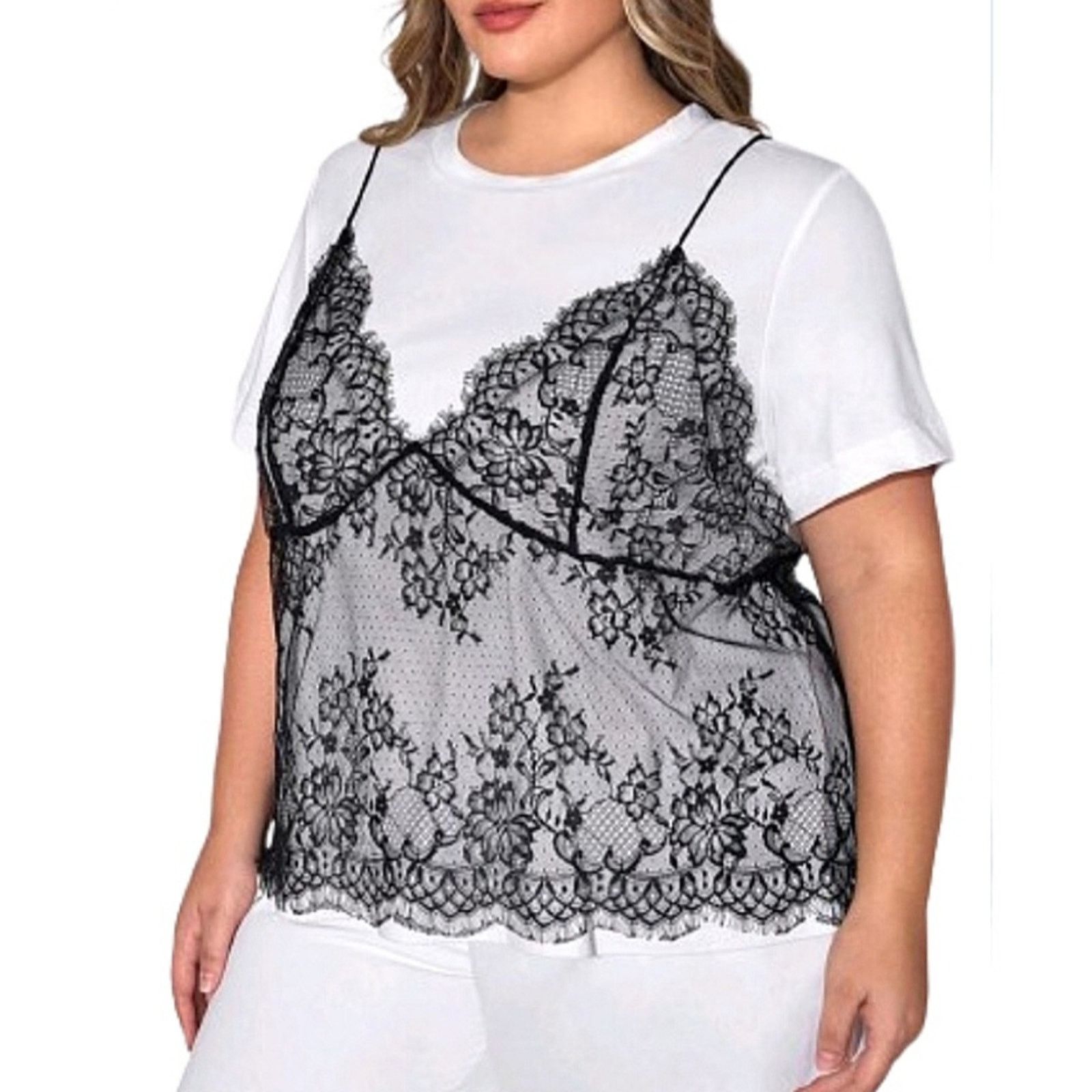 Shein Unique ☆ Crisp White Tee ☆ Black Lace Cami Overlay 5x ☆ NWT Size 4XL / US 24-26 - 3 Thumbnail