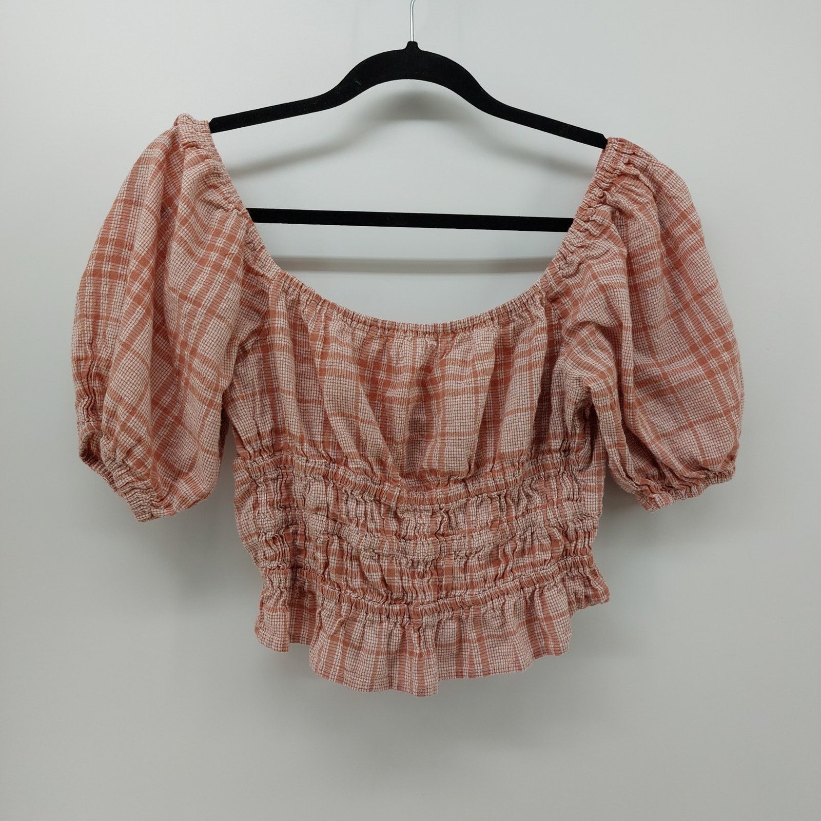 Other Sim & Sam Women's Top 90s Y2K Smocked Plaid Pink Shortsleeve Size L / US 10 / IT 46 - 2 Thumbnail