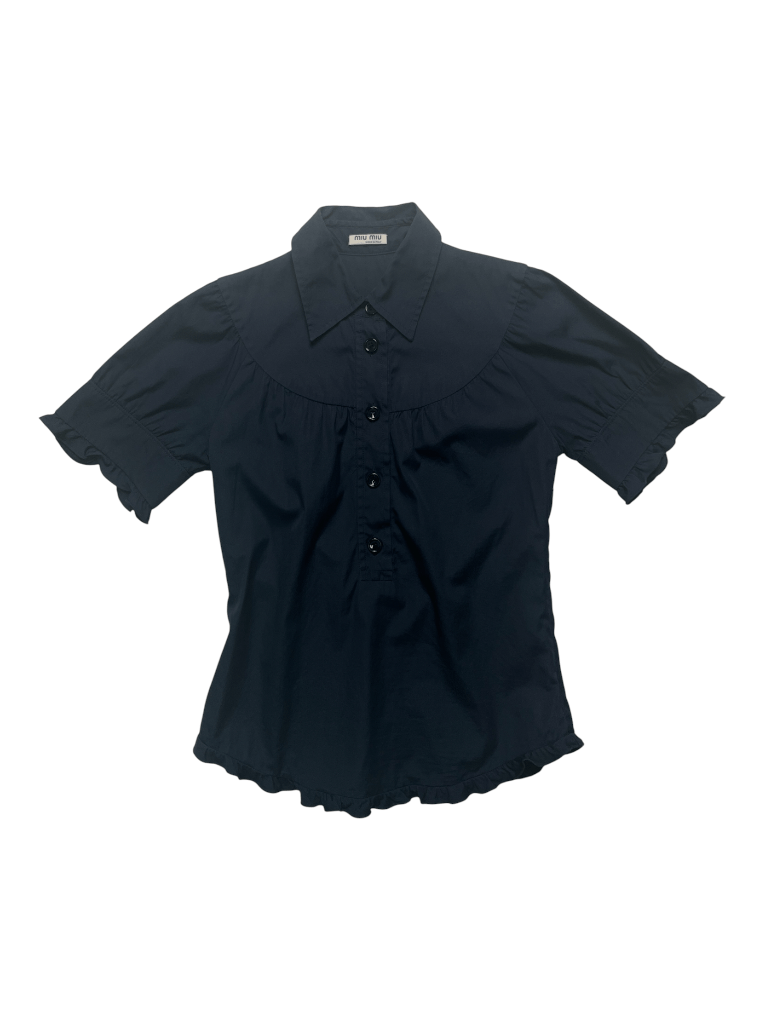 Miu Miu Navy Short Sleeve Blouse With Flowery Edges Size XS / US 0-2 / IT 36-38 - 1 Thumbnail