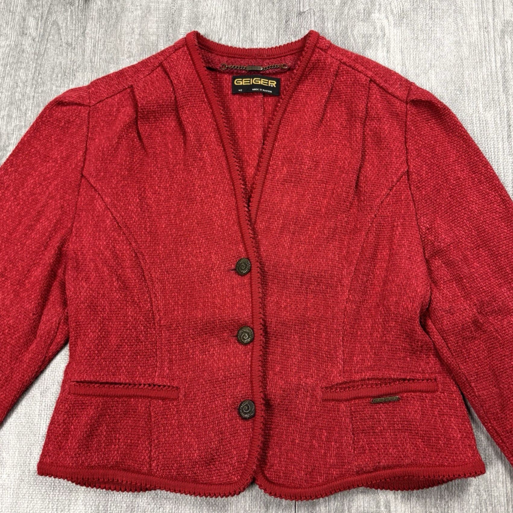 Vintage Vintage Geiger Austrian Women's Linen Blend Textured 3-Button Single-Breasted Blazer, Red, Size 40, Formal Casual Outdoor Equestrian Size S / US 4 / IT 40 - 2 Thumbnail