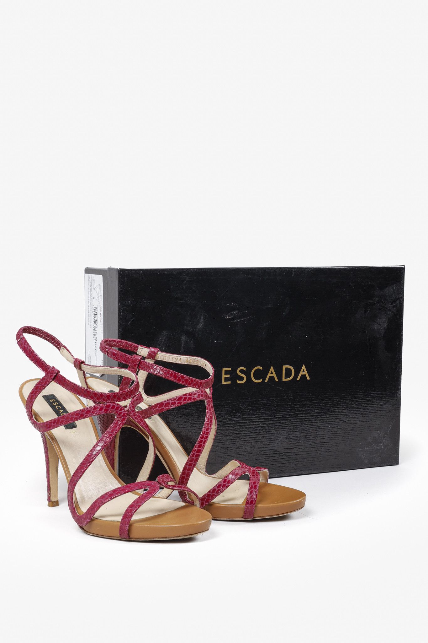 image of Escada Hot Pink Snake-Embossed Cage Sandals, Women's (Size 7)