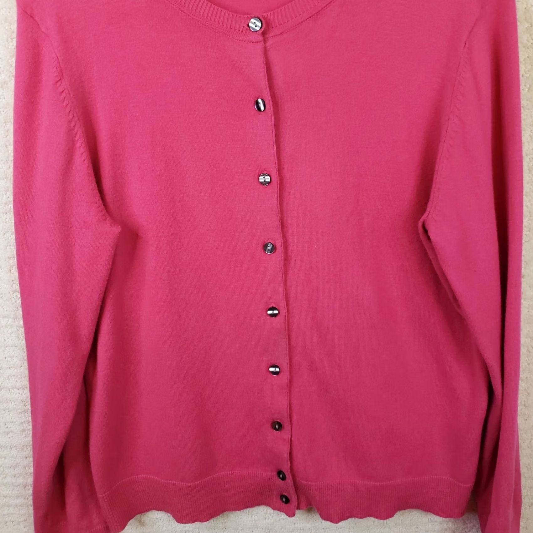 Vintage Karen Scott Women's L Cardigan Sweater Pink Cotton Blend Button Front Round Neck Long Sleeve Regular Fit Barbie Theme Casual Workwear Size L / US 10 / IT 46 - 2 Thumbnail