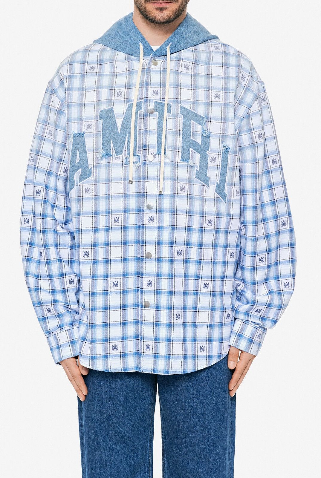 Amiri Last Size Amiri Off-White & Blue Hooded Logo Patch Overshirt Size US XL / EU 56 / 4 - 8 Thumbnail