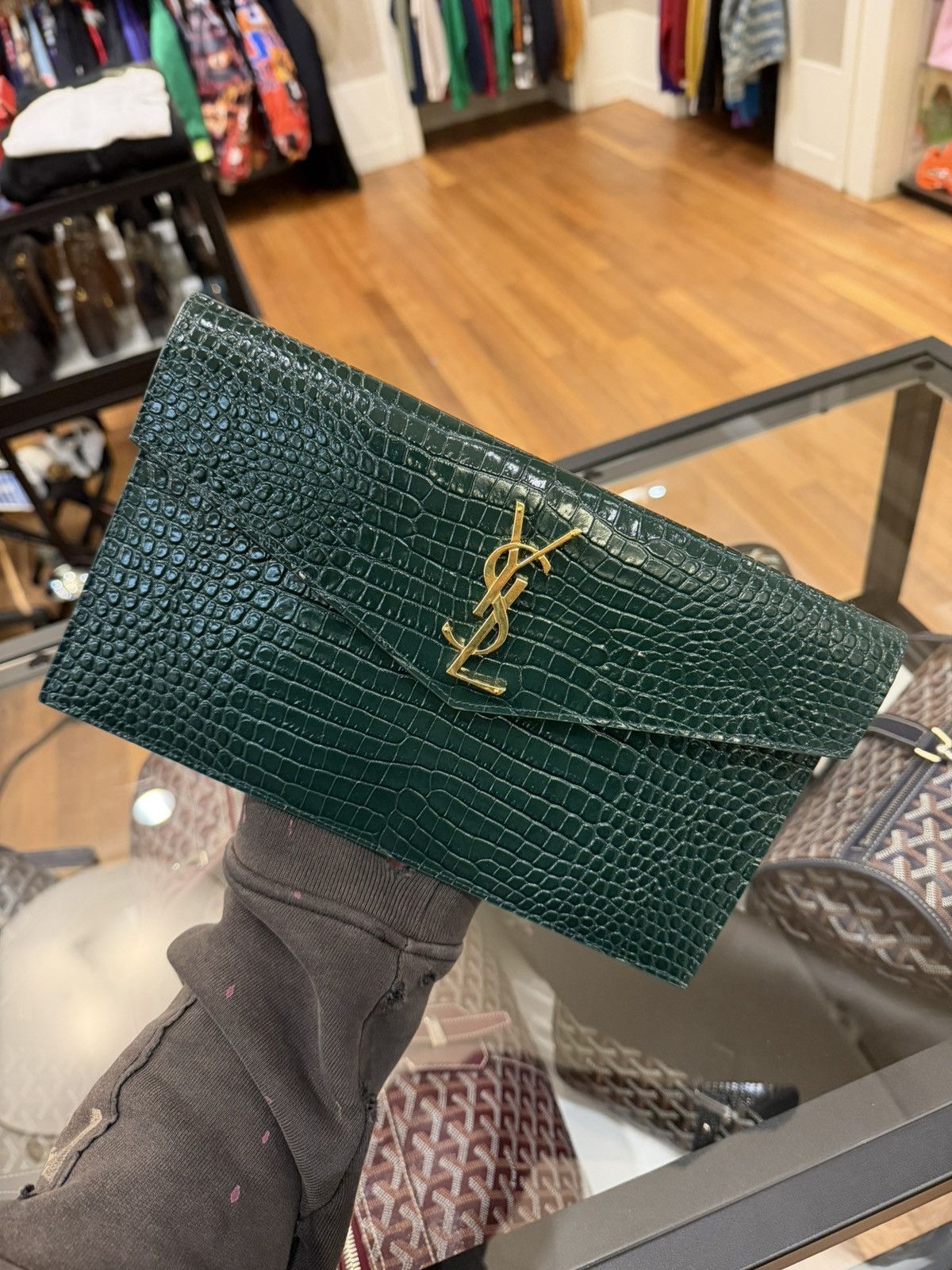 Saint Laurent Paris YSL Womens Uptown Pouch in Green Crocodile Size ONE SIZE - 1 Thumbnail