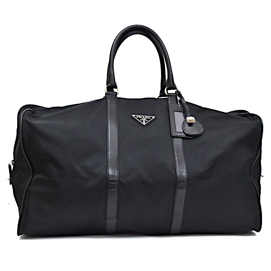 image of Prada Boston Bag Plate Nylon Leather Black, Women's