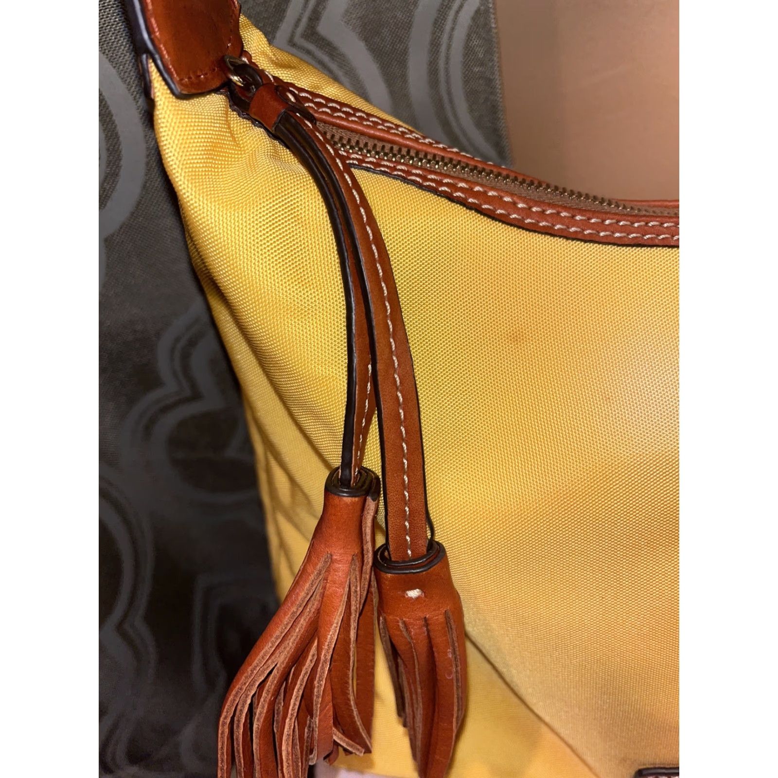 Dooney & Bourke Dooney & Bourke Yellow Canvas Hobo Style Handbag Leather Strap & Tassel Size ONE SIZE - 3 Thumbnail