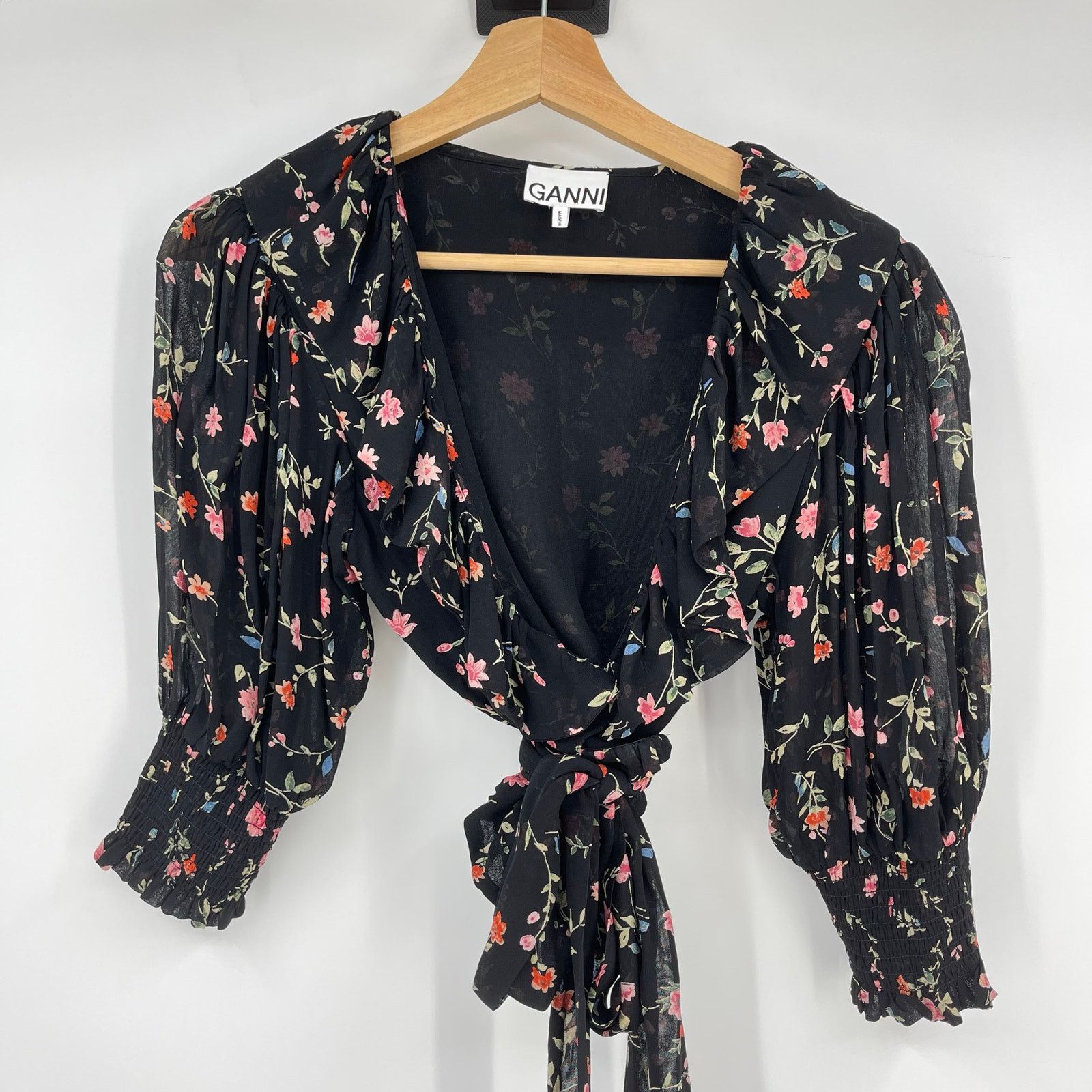 Ganni GANNI | Elm Floral Wrap Top in Black Pink Chiffon 36 / S Size S / US 4 / IT 40 - 2 Thumbnail