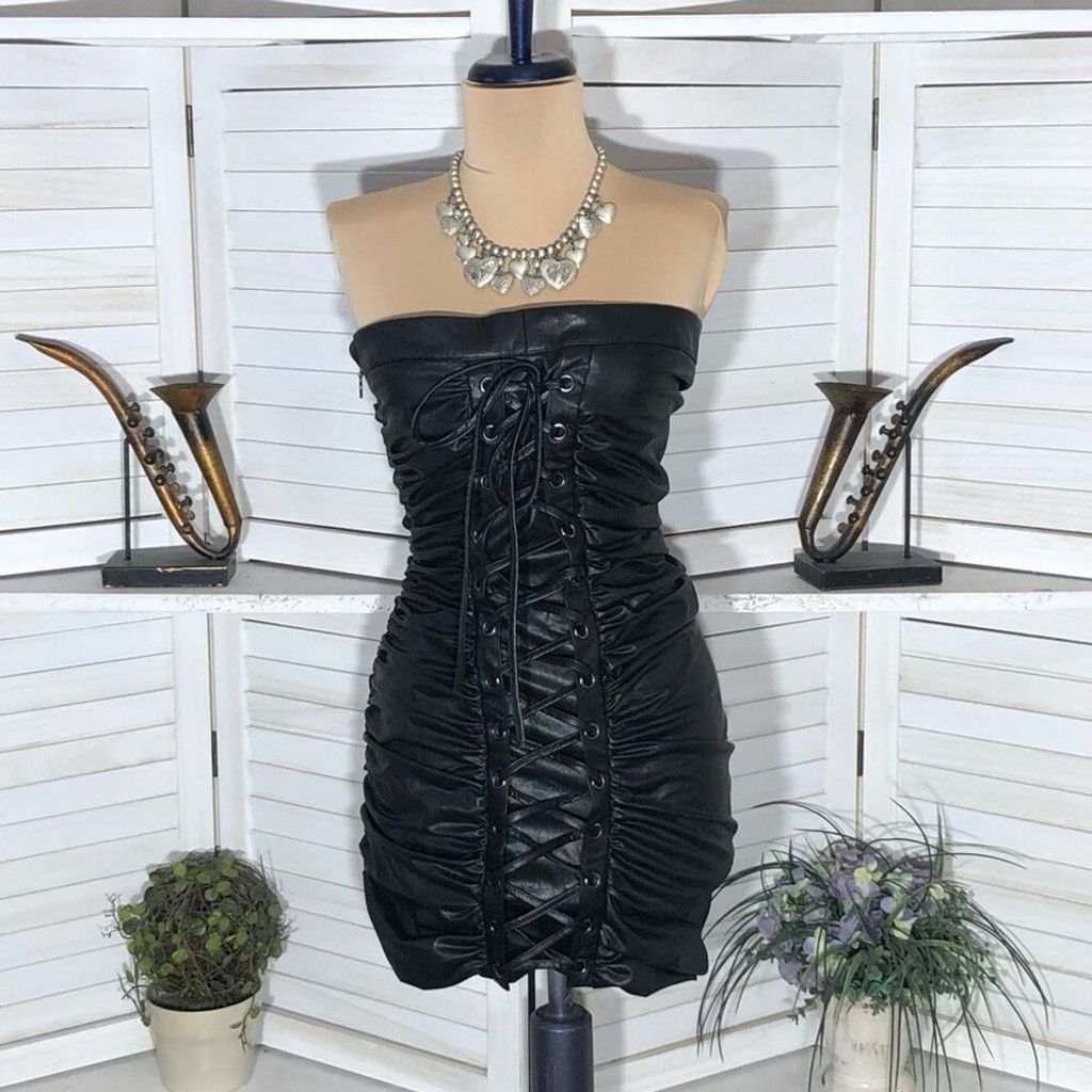 Forever 21 Lace-Up Tube Mini Dress Corset Strapless Leather Black sz S Size S / US 4 / IT 40 - 13 Thumbnail