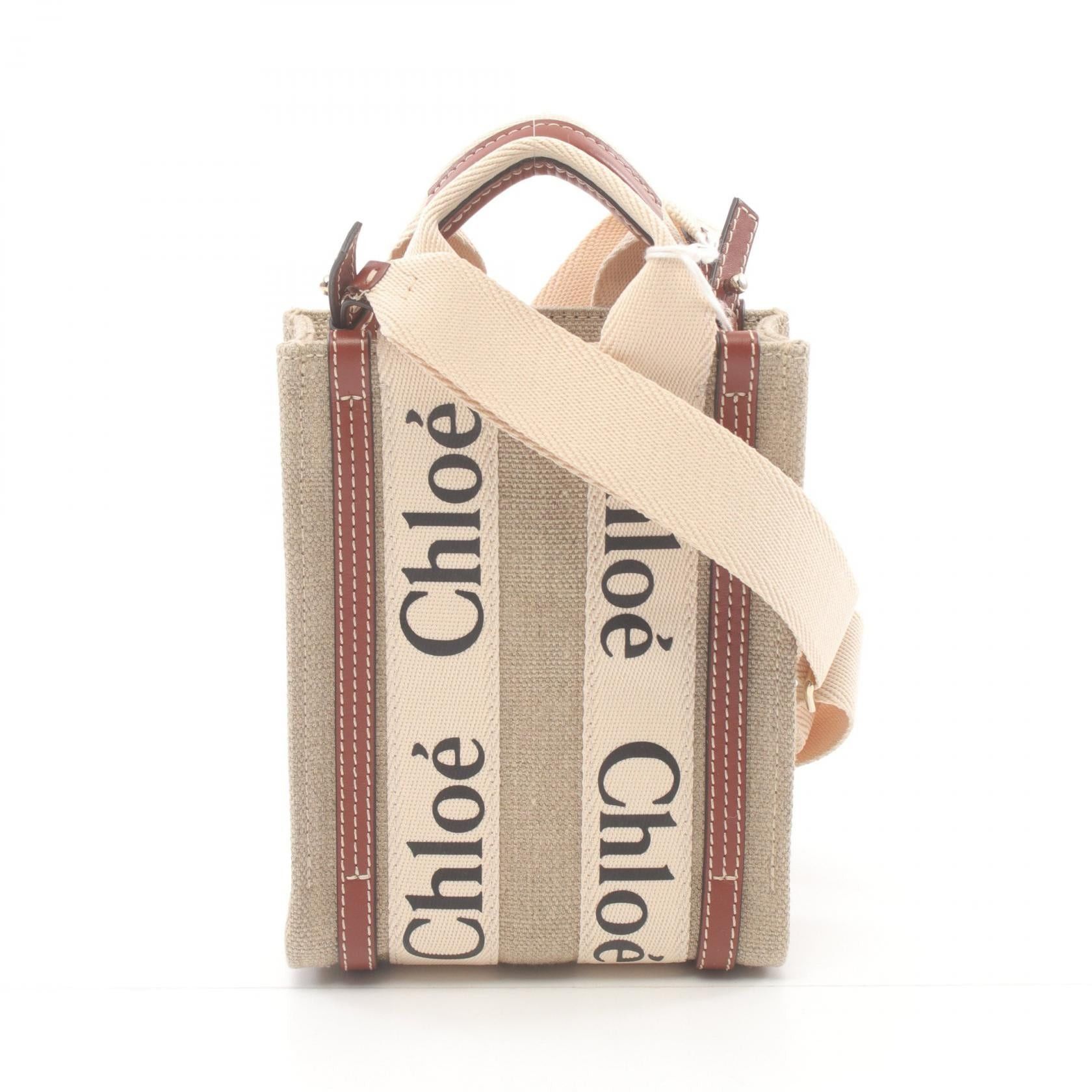 Chloe Chloe Woody North South Mini Tote Bag Handbag Canvas Leather Beige Brown Size ONE SIZE - 1 Thumbnail