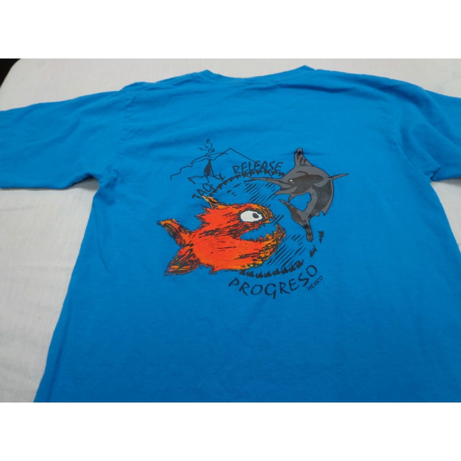 Vintage Pirana Joe Progeso Mexico Tag & Release Blue T Shirt Size Small Shirt Mens 100% Cotton Crew Neck Short Sleeve Blue Size US S / EU 44-46 / 1 - 2 Thumbnail