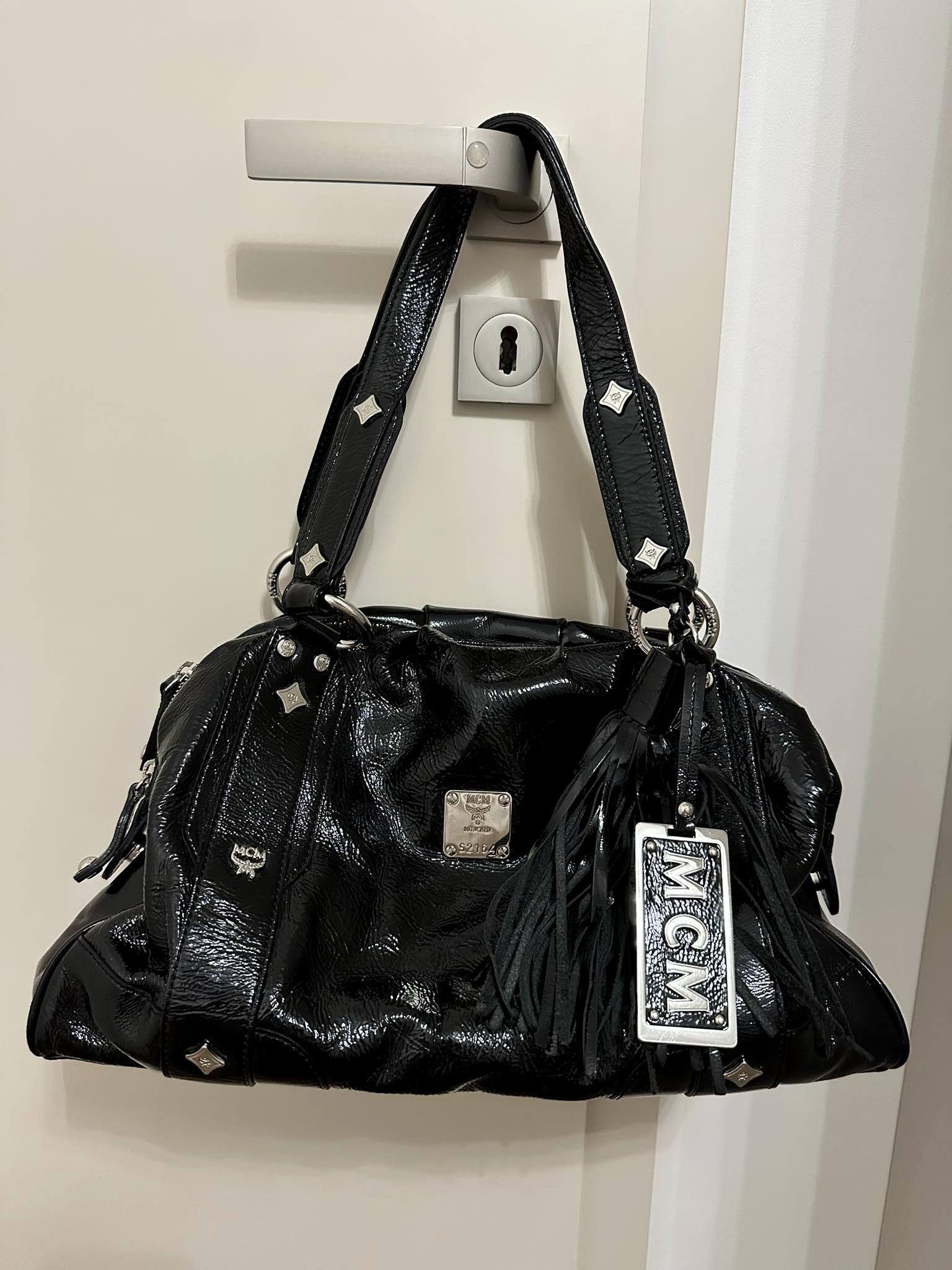 MCM Spellout Logo Patent Leather Black Bag