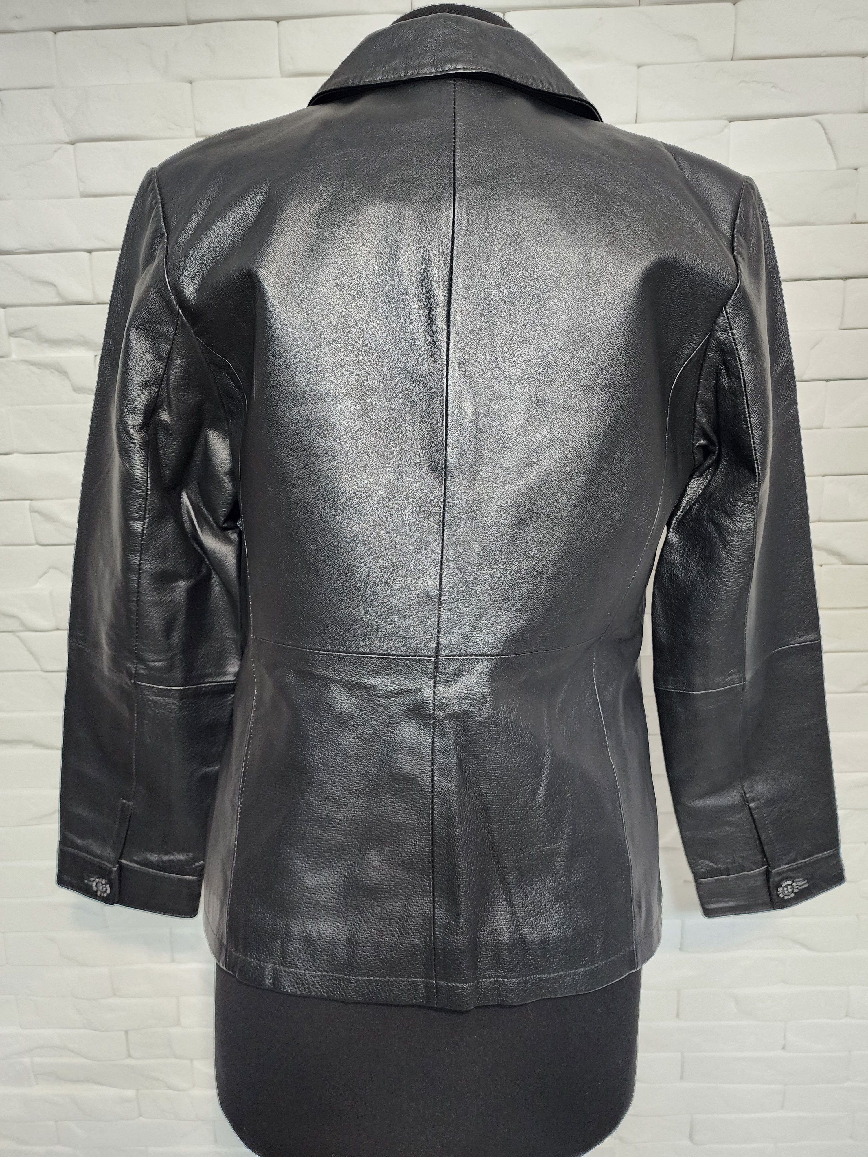 Genuine Leather Black Leather Jacket: Buttoned Women's Coat Size M / US 6-8 / IT 42-44 - 4 Thumbnail