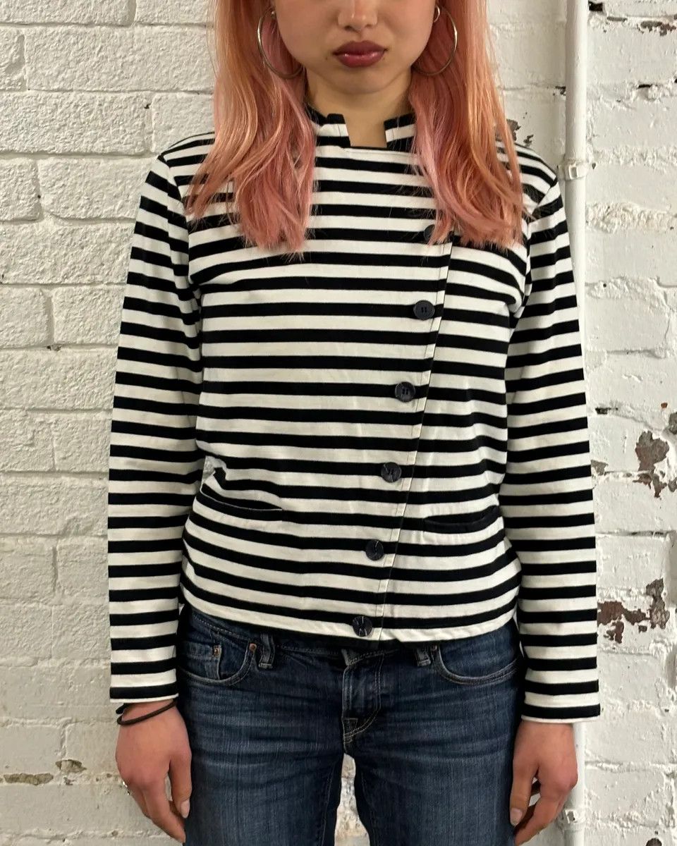 Vintage Agnès b. Black & White Officer Asymmetrical Striped Cardigan Size S / US 4 / IT 40 - 2 Thumbnail