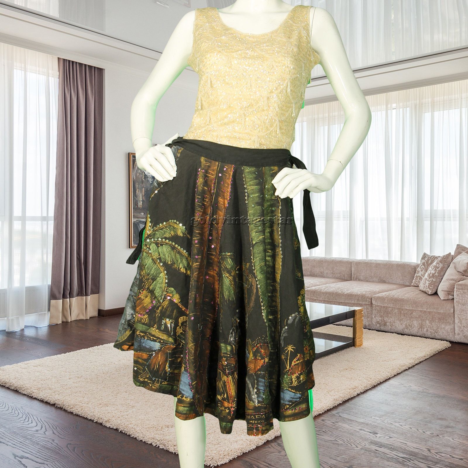 Vintage Hand Painted Mexican Souvenir Tourist Sequin Skirt