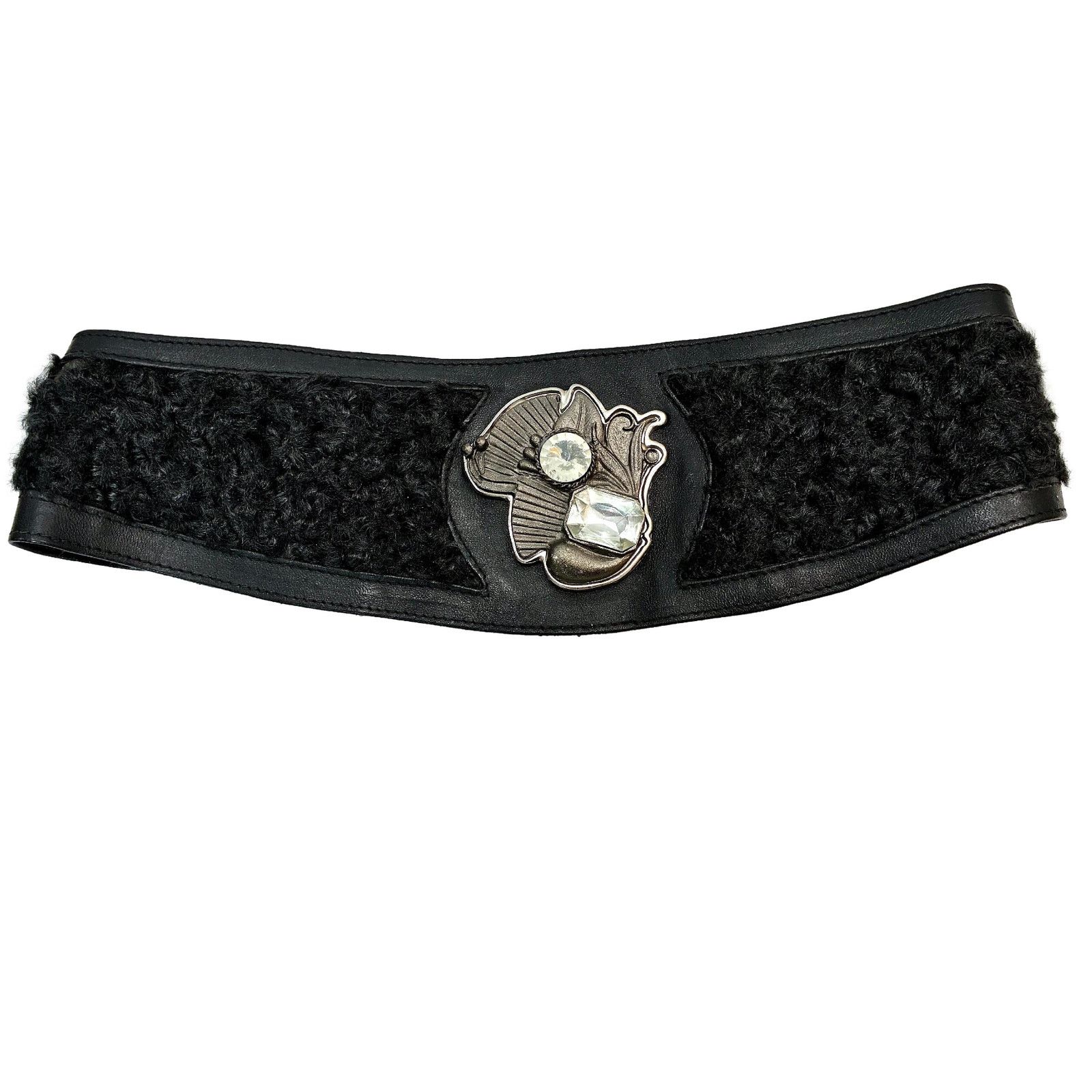 Genuine Leather × Vintage 80s GLAM Black Leather Persian Lamb Wide Waist Belt Size ONE SIZE - 3 Thumbnail