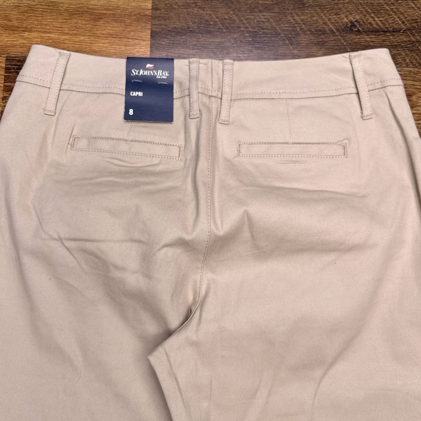 Vintage St. Johns Bay Capri Pants Womens 8 Tan Biscotti Mid Rise Stretch New - Regular, City, Cotton Spandex, Inseam 18.5, Flat Front, Logo, Machine Washable Size 30" / US 8 / IT 44 - 7 Thumbnail