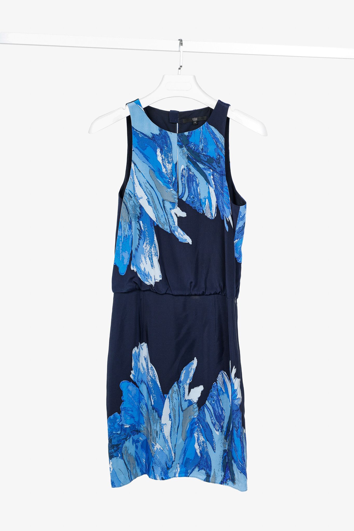 Tibi Navy Printed Silk Satin Keyhole Mini Dress