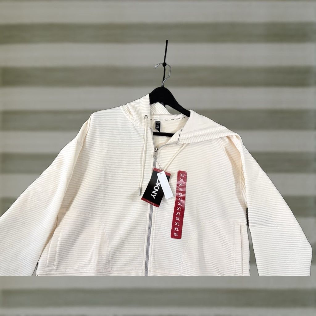 DKNY VINTAGE DKNY Ottoman Full-Zip Hoodie Womens XL Sand Ivory Ribbed Stretch Lined NWT Size XL / US 12-14 / IT 48-50 - 1 Thumbnail