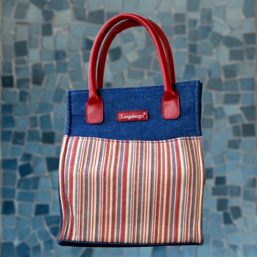 Vintage Longaberger Mini Tote Canvas Denim Red White Blue Striped Tote Bag Women Small Blue 9x7x4 Varsity Striped Red White Blue Men? Size ONE SIZE - 1 Thumbnail