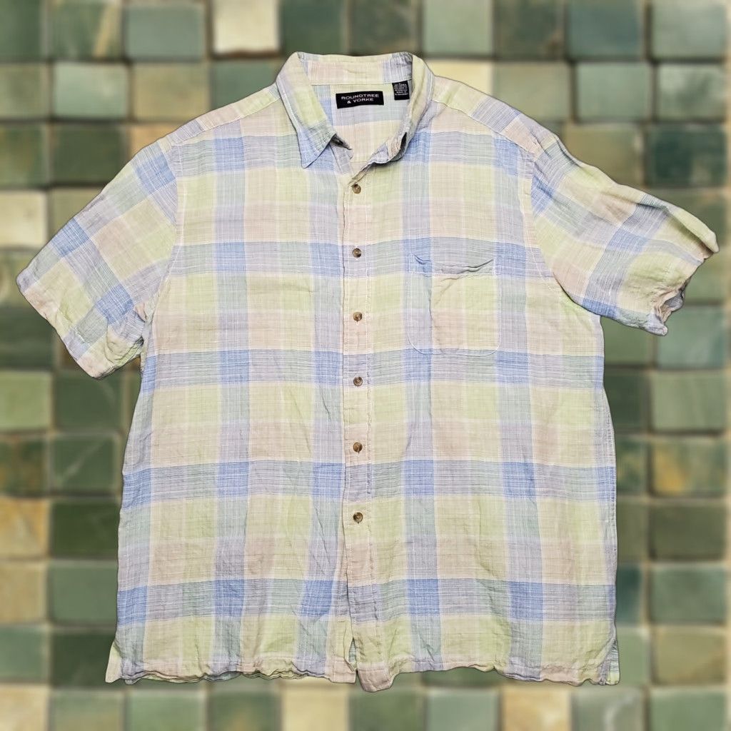 Roundtree & Yorke VINTAGE Roundtree Yorke Shirt Mens Large Blue Plaid 60% Linen Short Sleeve Button Casual Size US L / EU 52-54 / 3 - 1 Thumbnail