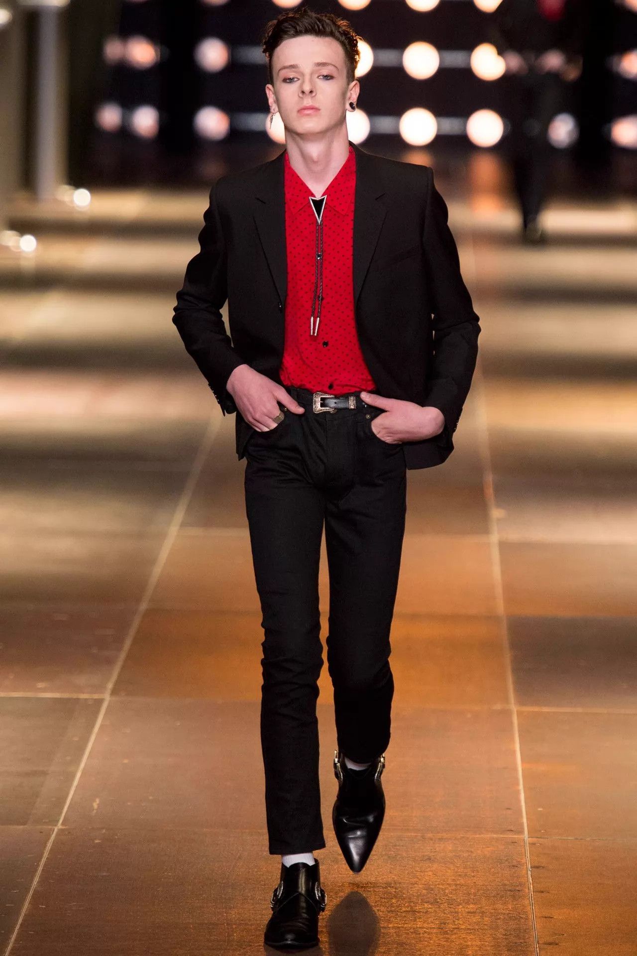 Saint Laurent Paris SLP14SS Hedi Slimane Silk Red-Base Black Triangle Shirt Size US M / EU 48-50 / 2 - 7 Thumbnail