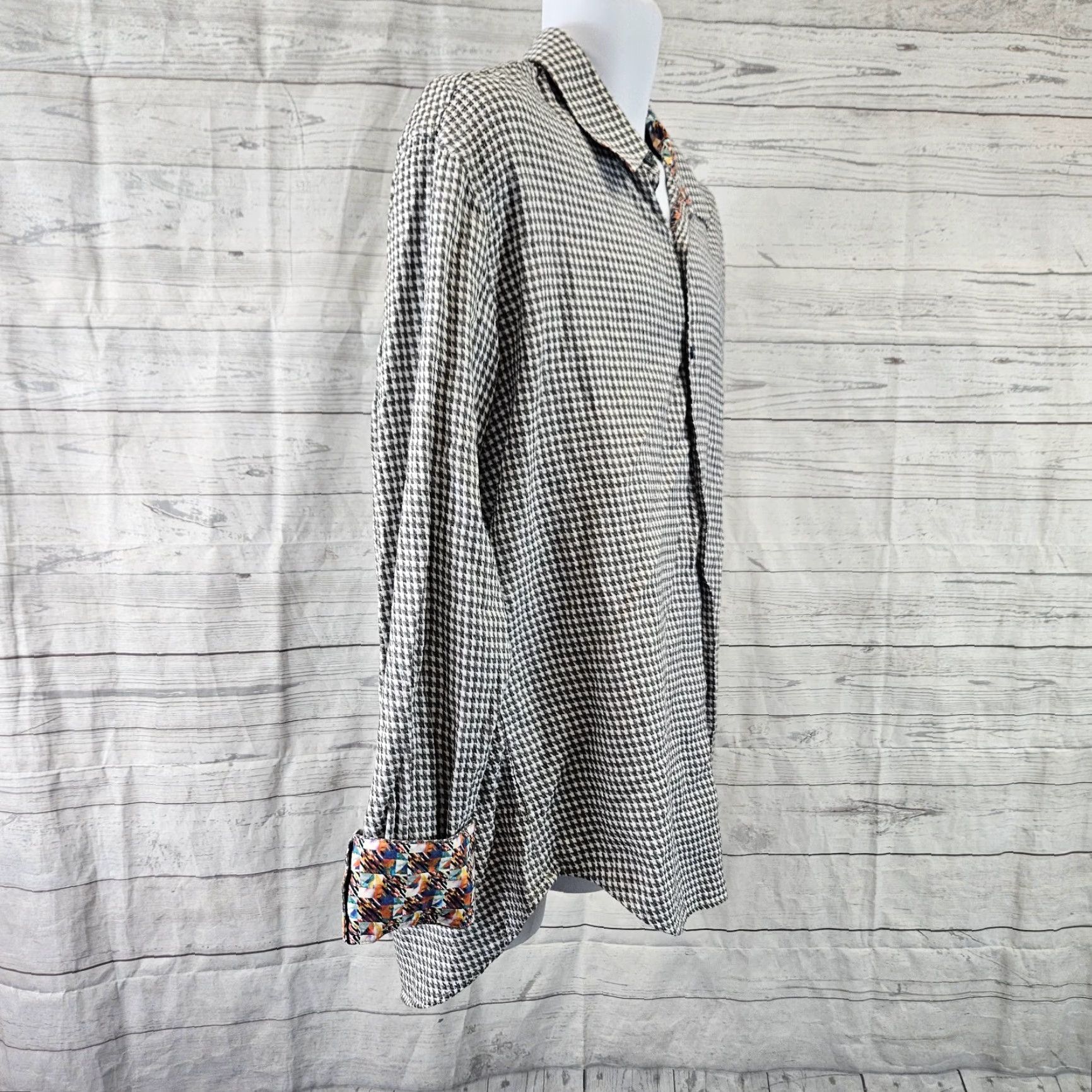 Robert Graham Robert Graham Mens Button Front Shirt XL Gray Houndstooth Multicolor Cotton Long Sleeve Size XL Mens Size US XL / EU 56 / 4 - 3 Thumbnail