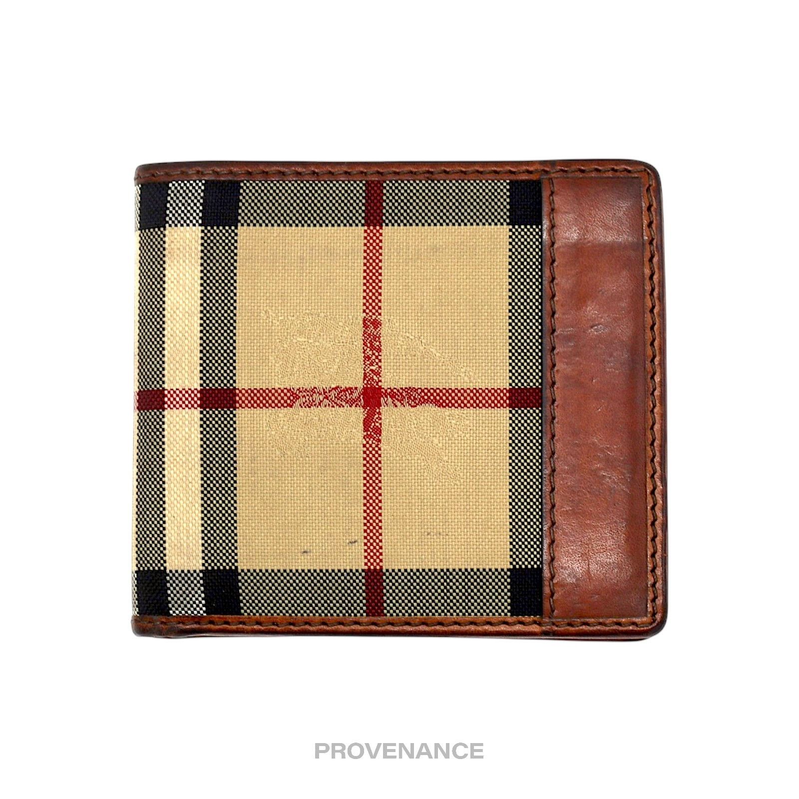 🔴 Burberry Nova Check Canvas Bifold Wallet - Brown Leather