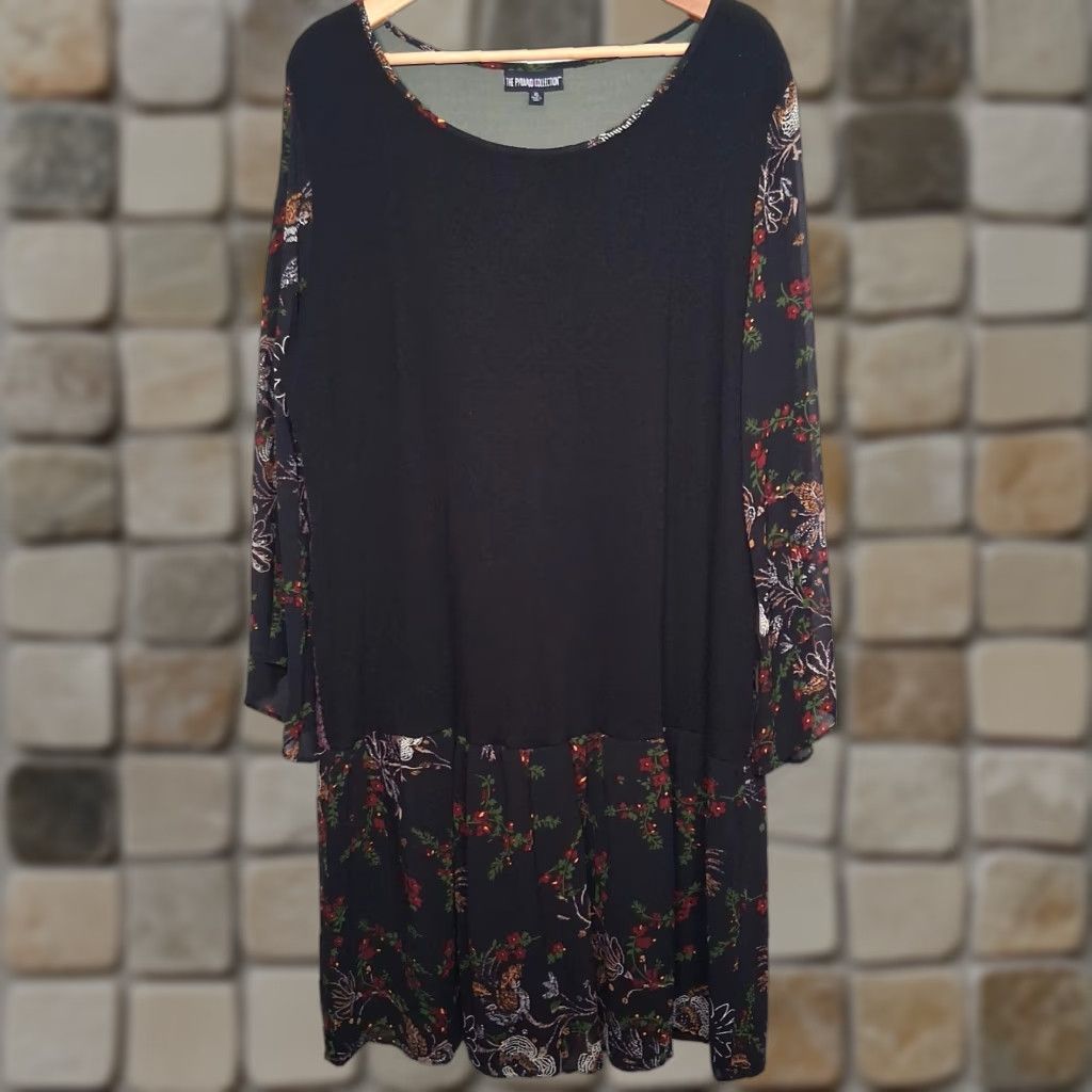 Vintage Pyramid Collection Dress XL Black Knit Sheer Floral Long Slv Whimsigoth Witchy Women Size XL / US 12-14 / IT 48-50 - 1 Thumbnail