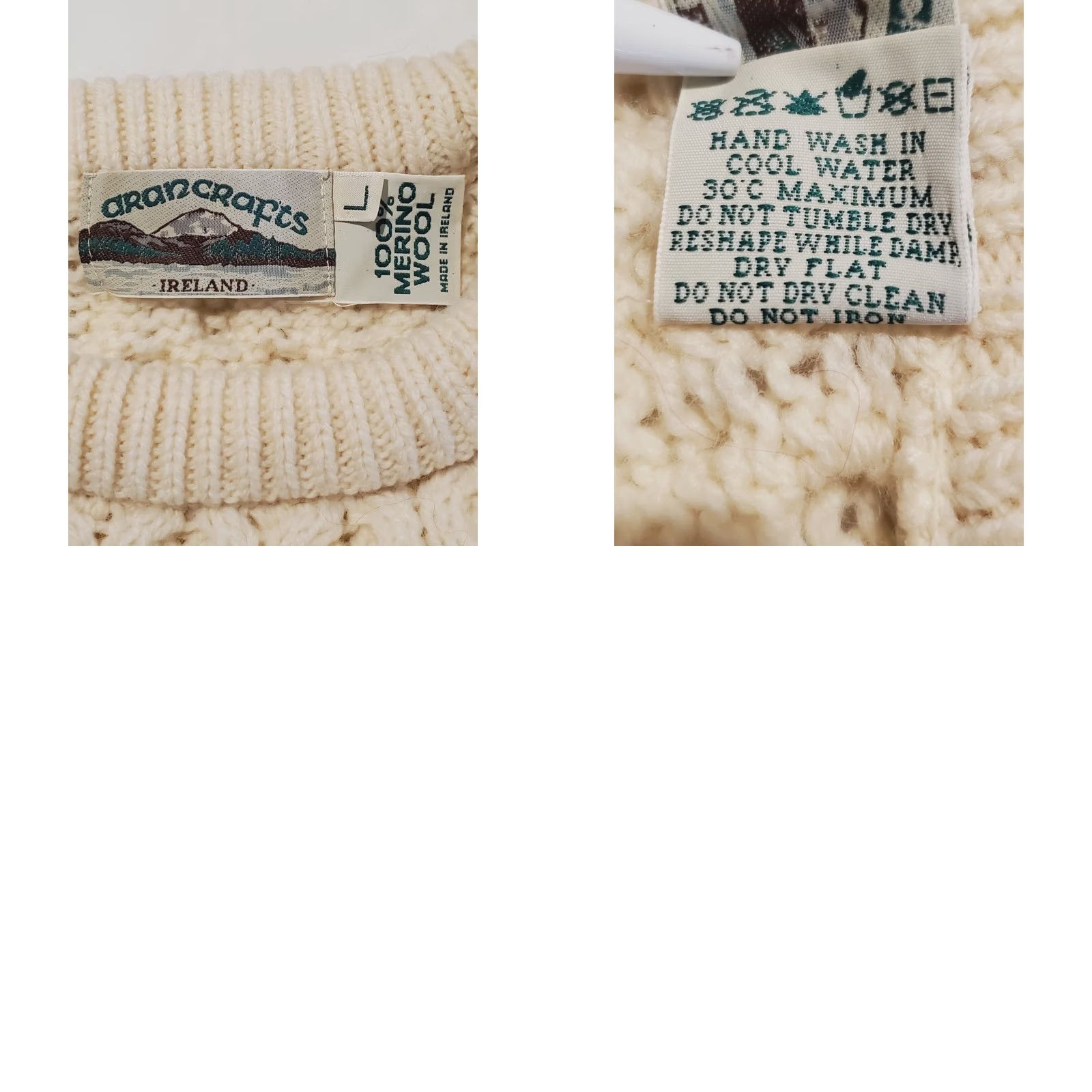 Vintage Aran Crafts 100% Merino Wool Crew Neck Sweater Natural Unisex L Ireland Knit Pullover Crew Neck Casual Wool Jumper Size US L / EU 52-54 / 3 - 8 Thumbnail