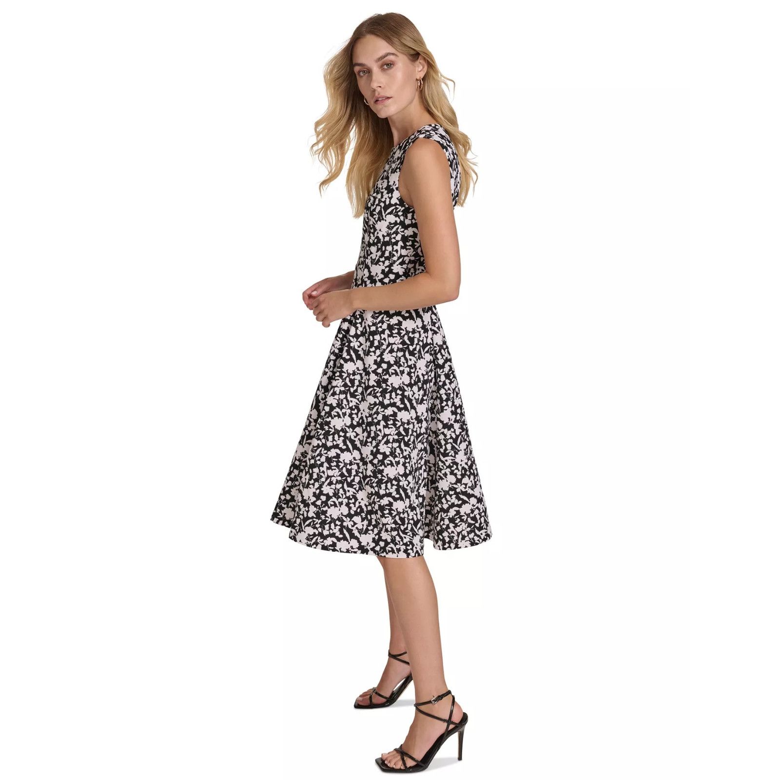 Calvin Klein Calvin Klein Black Cream Printed Scuba Crepe A Line Dress Size XS / US 0-2 / IT 36-38 - 3 Thumbnail
