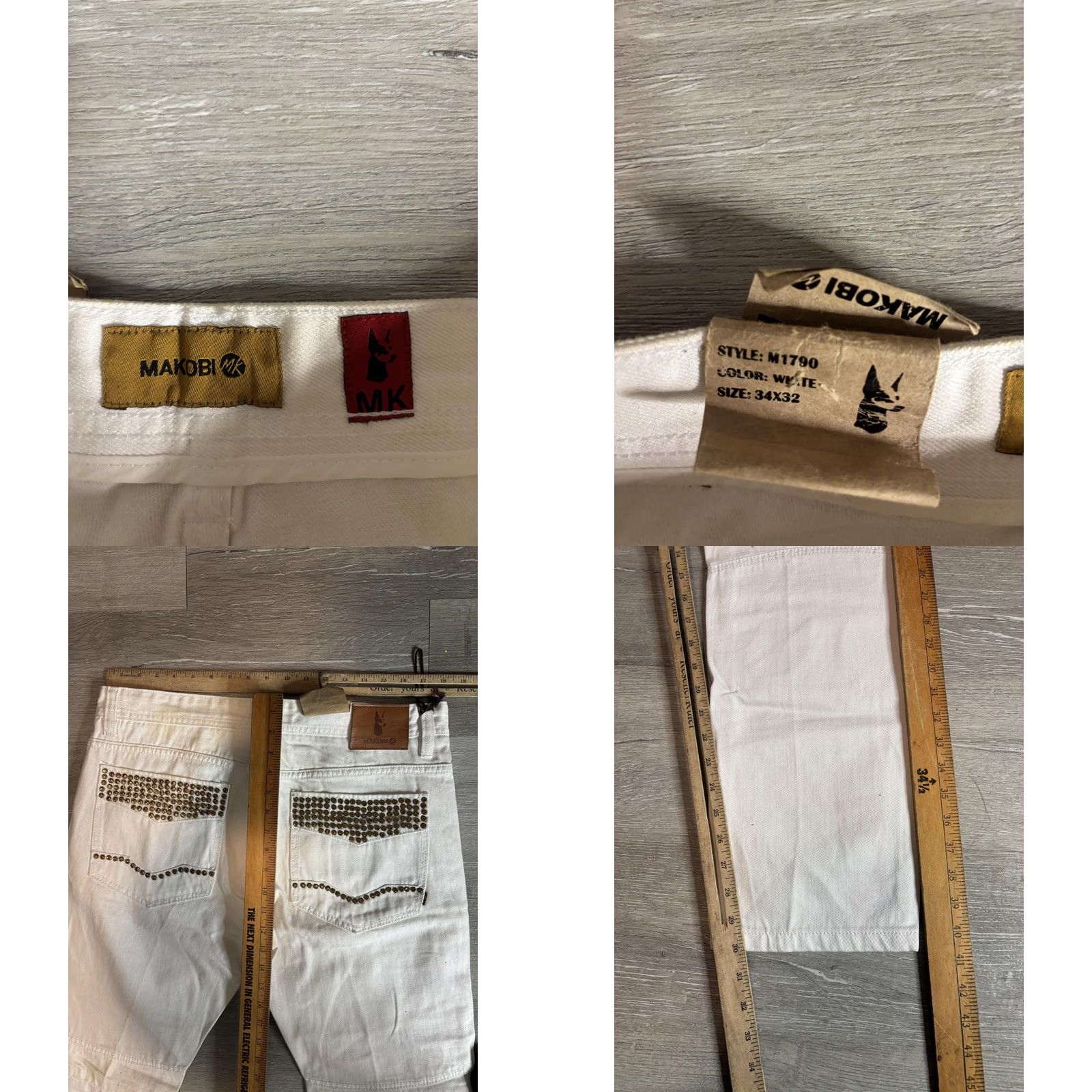 Denime Makobi Jeans Mens 34x32 White Slim Tapered Biker Studded Moto Denim Pants M1790 Size US 34 / EU 50 - 8 Thumbnail