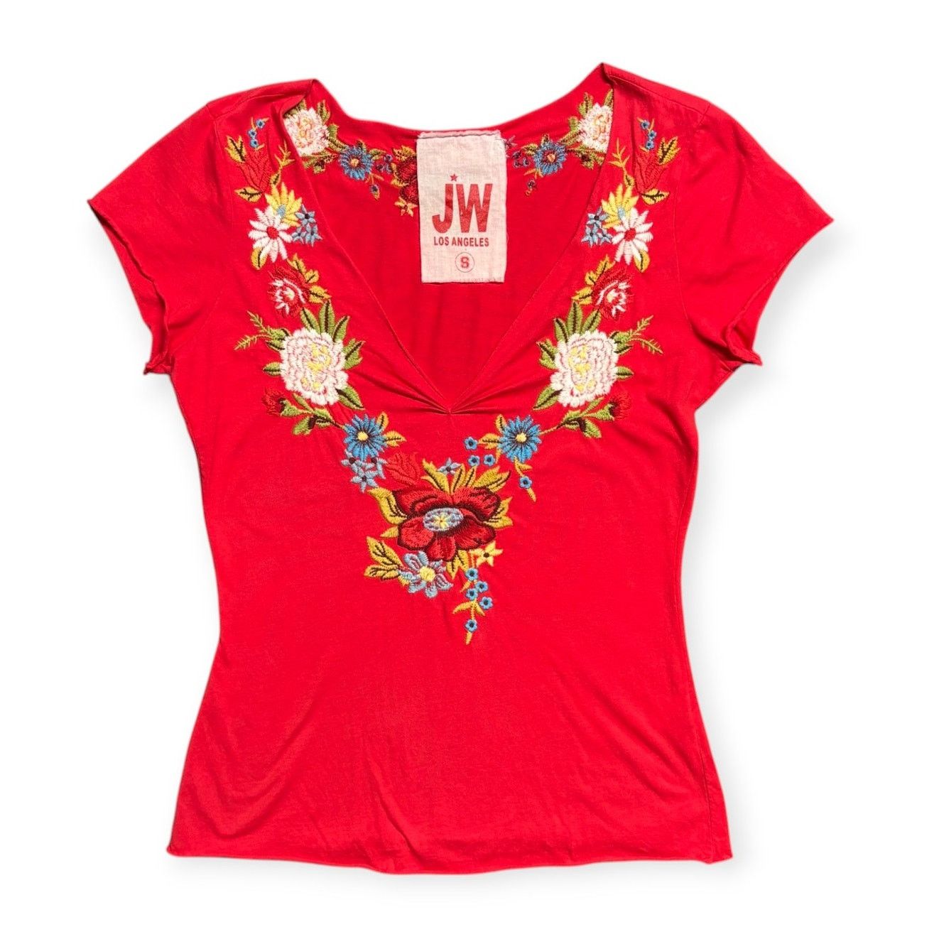 JW Los Angeles Red V-Neck Floral Embroidered Top SM Women’s