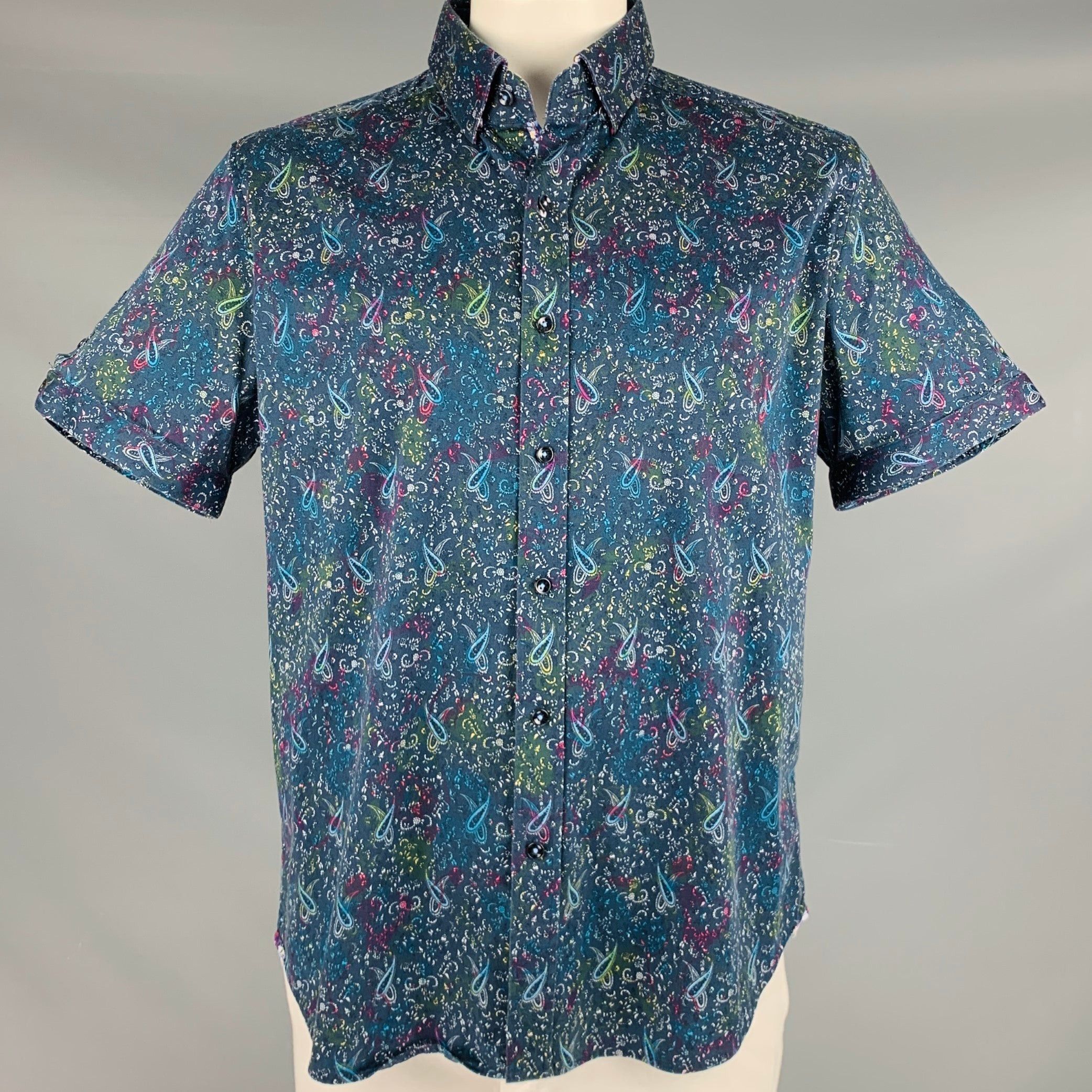 image of Robert Graham Navy Multicolor Paisley Cotton Blend Short Sleeve Shirt, Men's (Size 2XL)