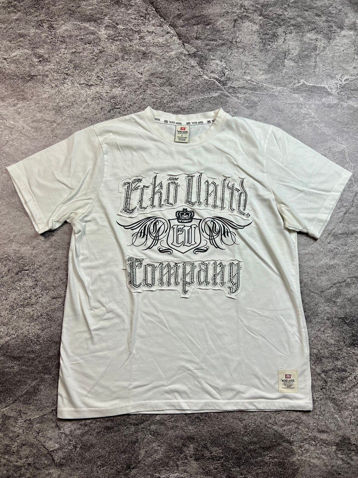 Pre-owned Ecko Unltd X Vintage Y2k Ecko Unltd Rhinestone Hip Hop Rap Japan Swag Style Tee In White