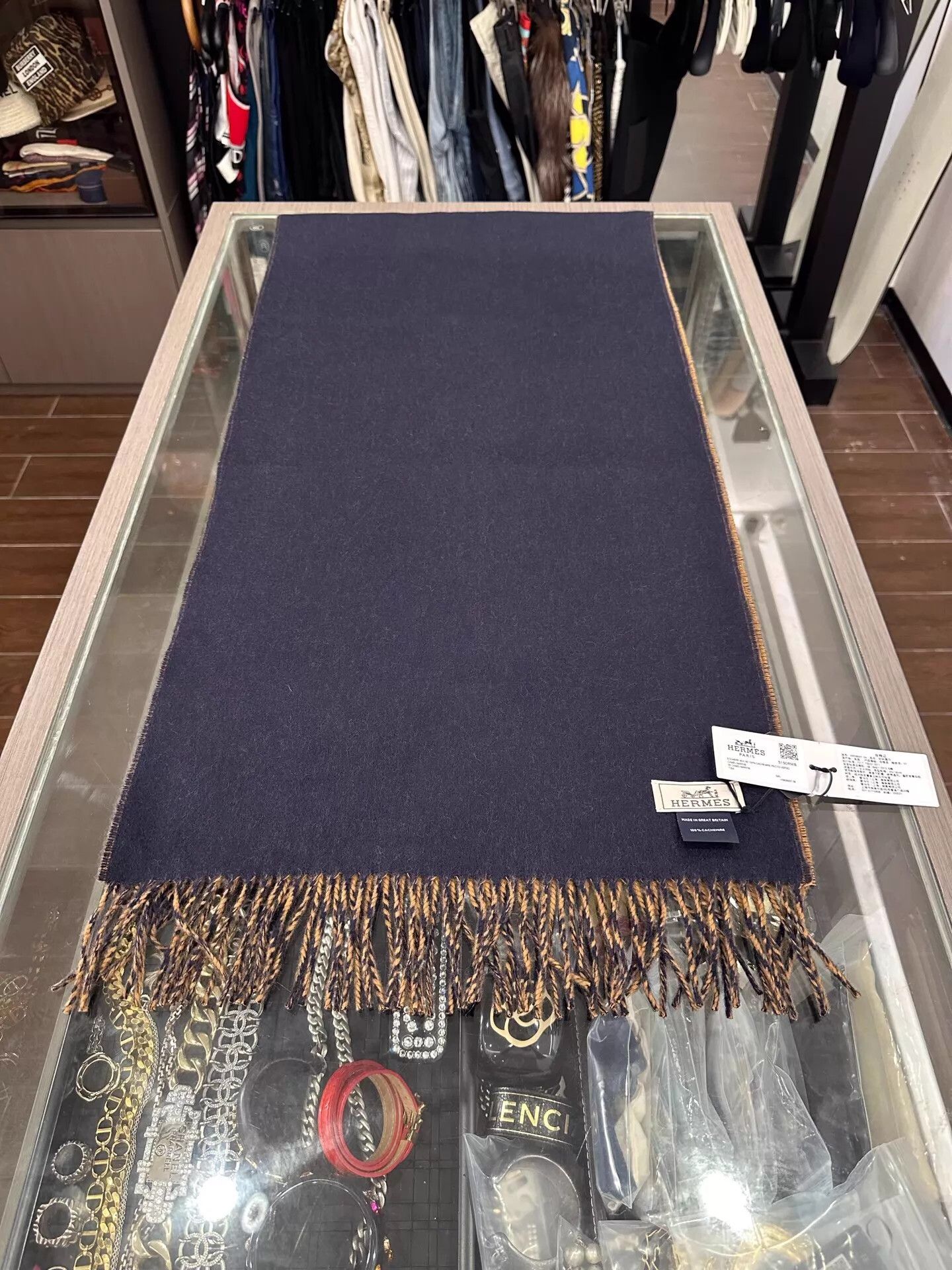 Hermes Hermes Navy & Brown Cashmere Tassel Scarf 40x160cm New Size ONE SIZE - 3 Thumbnail