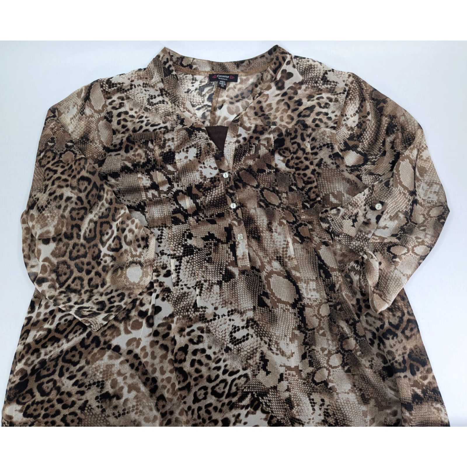 Vintage Cocomo Brown Animal Print 3/4 Roll Tab Sleeve Sheer Top V-Neck Henley Under Tank Shirt Women 2X Brown Snake Print Size XXL / US 16-18 / IT 52-54 - 6 Thumbnail