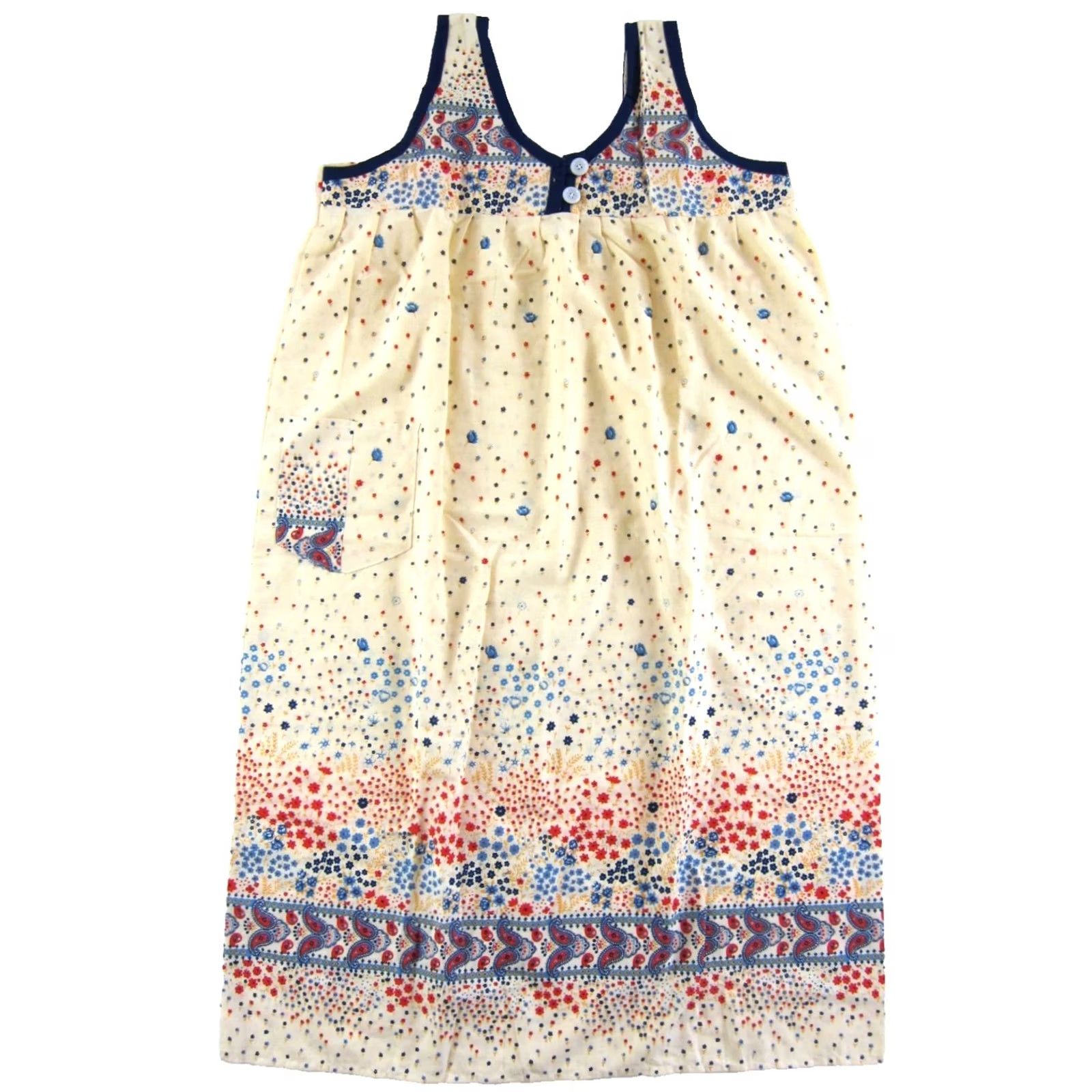 Vintage VTG New Handmade Cotton Ivory Blue Red Floral Paisley Midi Pocket Tank Dress L Size L / US 10 / IT 46 - 2 Thumbnail